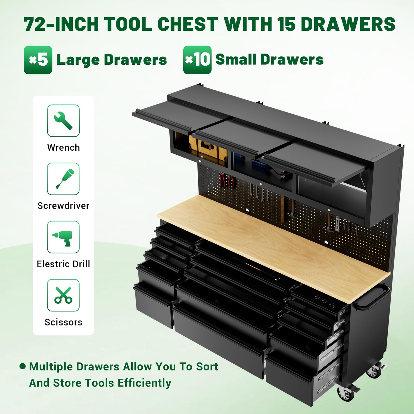 DOMINEVA 72-inch Heavy Duty Tool Chest & Rolling Workbench with 15 Drawers, Wheels,3 Upper Cabinet& Pegboard, for Garage, Shop, Workshop Use,Black