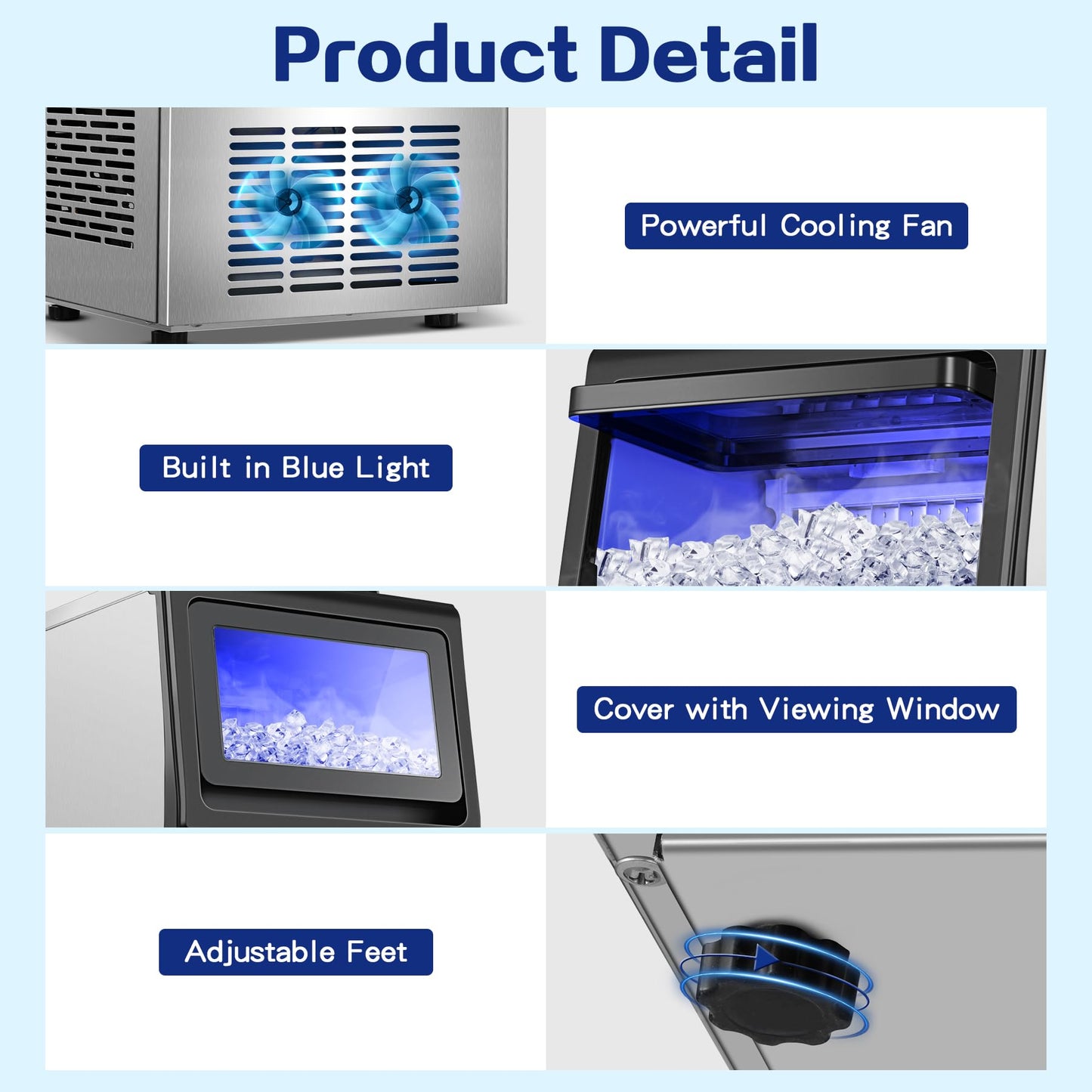 Amzgachfktch Commercial Ice Maker, 110lbs/24H Under Counter Ice Maker with 2 Water Inlet, Ice Maker Machine with 22lbs Storage, Auto Self-Cleaning, Freestanding Ice Machine for Home Office Bar