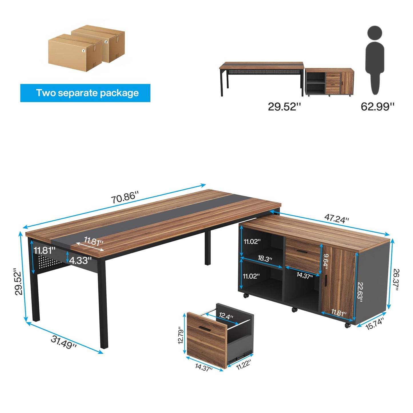 Tribesigns 71 Inch Executive Desk, L-Shaped Desk with Mobile File Cabinet, Executive Office Table with 2 Drawers and Storage Shelves, Business Furniture Workstation for Home Office, Walnut and Black