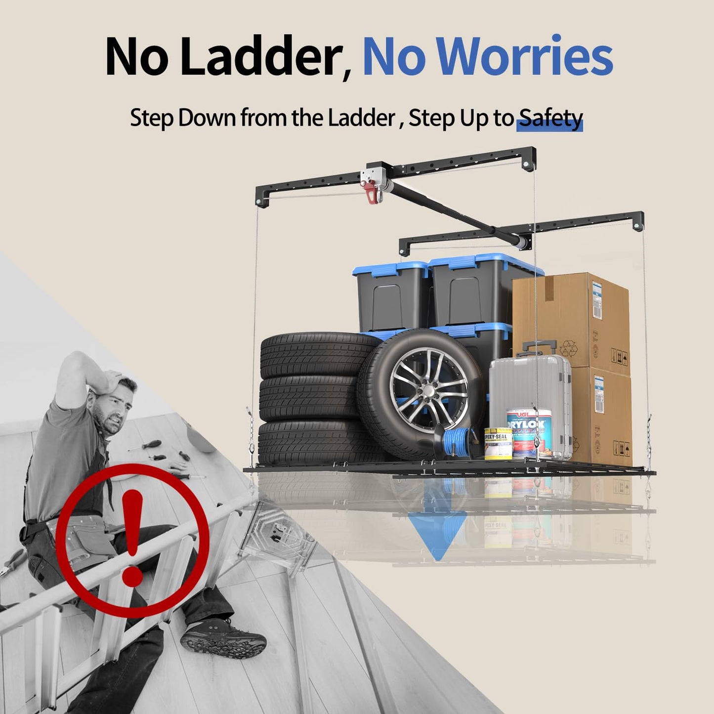 KOKORACKER Overhead Garage Storage Lift, Adjustable Heavy-duty 4x4 Ft Ceiling Racks with Safety Lock, Ideal for Storage Lifting Organization System, 250lbs Capacity