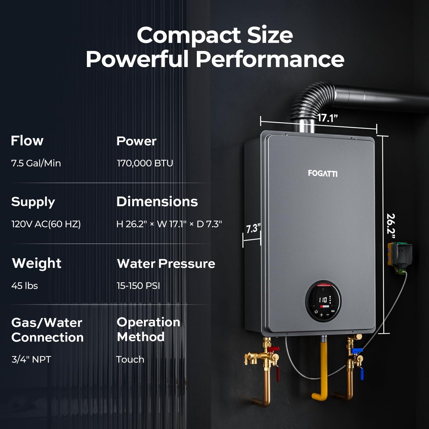 FOGATTI Natural Gas Tankless Water Heater Indoor - Max 7.5 GPM 170,000 BTU, CSA Certified Compact Design On Demand Instant Hot Water Heater - Instagas Comfort 170S Series