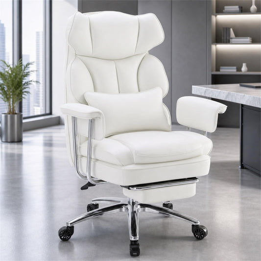 HAPPYMONT Executive Ergonomic Office Chair, PU Leather High Back Reclining Office Chair with Footrest and Lumbar Support, Height Adjustable Rolling Swivel Computer Chair for Home Office,White