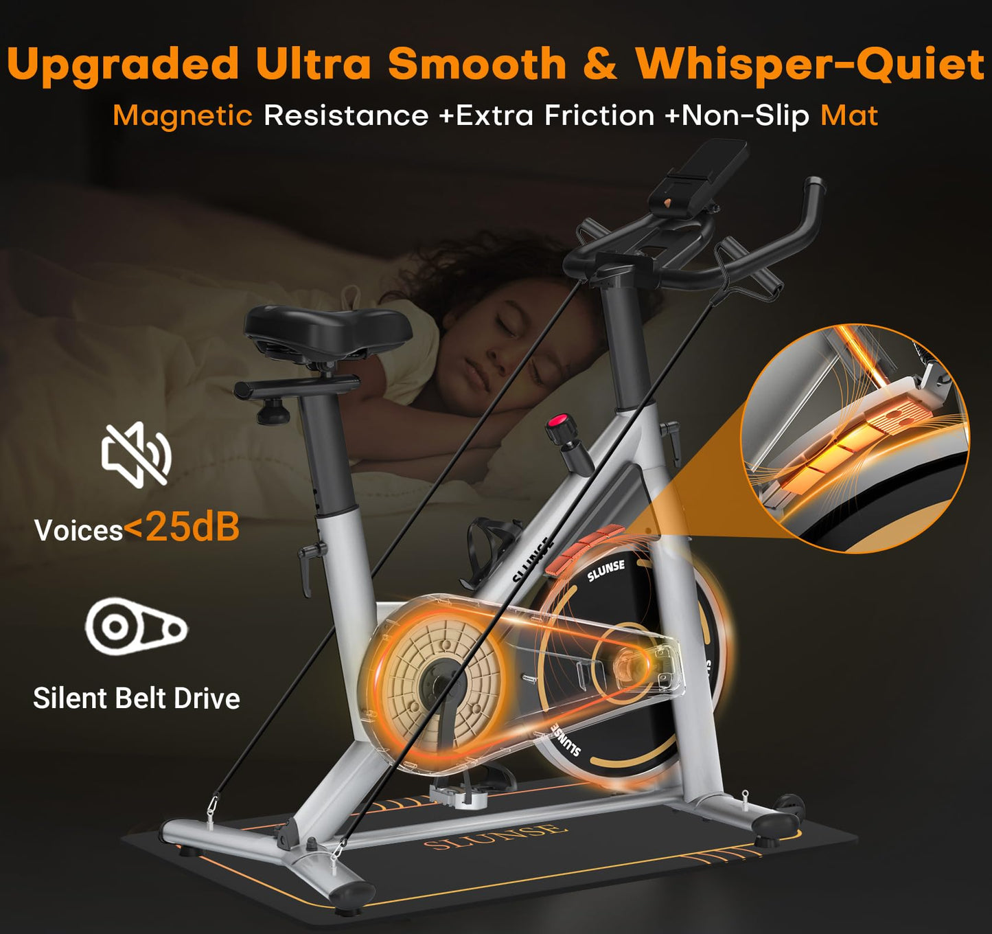 Exercise Bike, Magnetic Resistance Stationary Bikes for Home with App Compatible, Silent Indoor Cycling Bike with 350lbs Weight Capacity Comfortable Seat, Digital Monitor & Phone Mount, Grey Orange