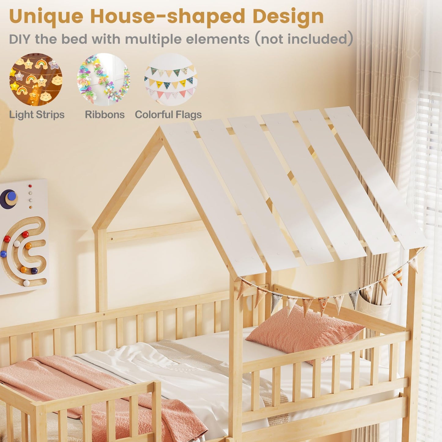 Giantex Twin Over Twin House Bunk Bed, Low Loft Bed Frame with Roof, Wood Bunk Bed with Ladder & Full-Length Guardrails, Twin Floor Bed for Kids Teens Boys Girls, No Box Spring Needed (Natural)