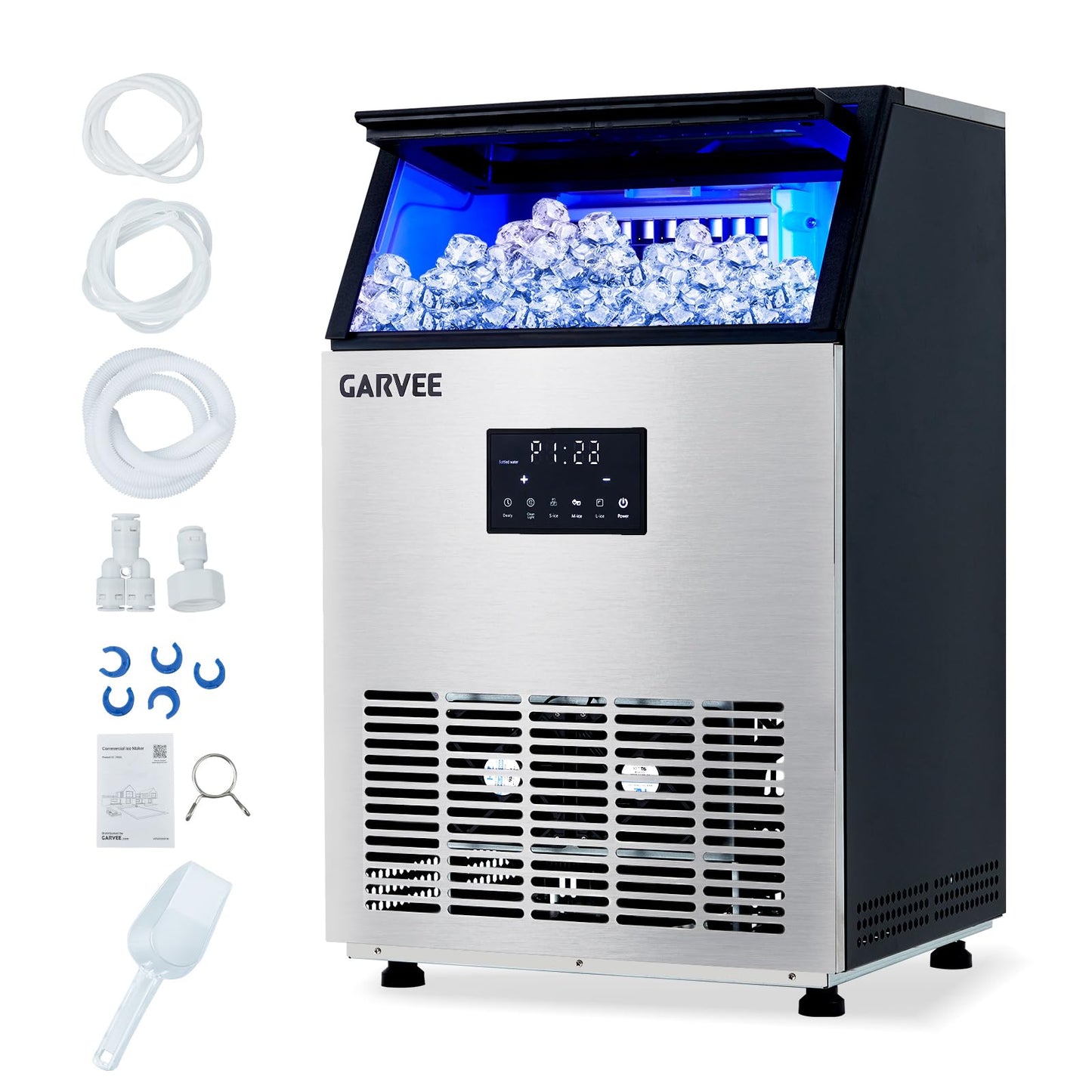 Commercial Ice Maker Machine, 150 lbs/24h with 40 lbs Storage Capacity, Stainless Steel Ice Maker with Self-Cleaning & LED Display, Built-in/Freestanding/Under Counter,for Home Bar Restaurant