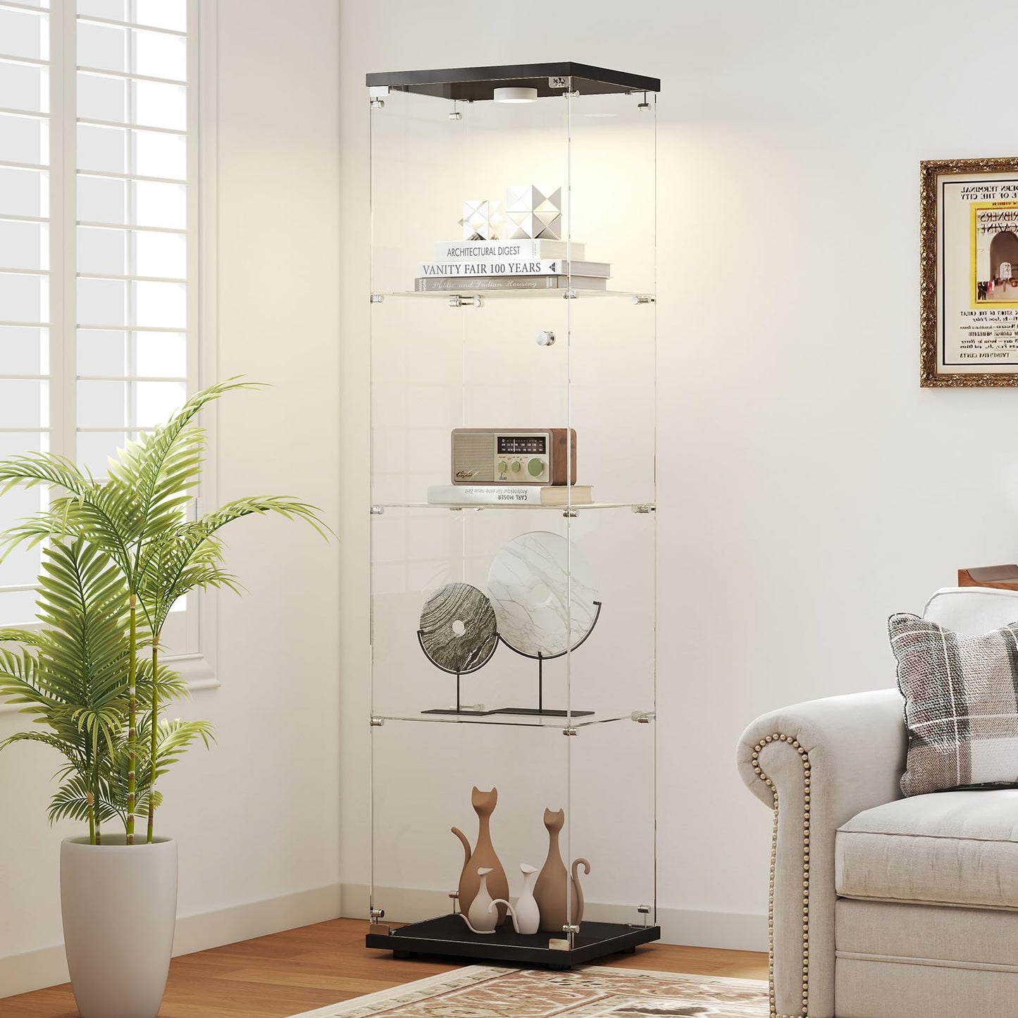 Zevemomo Tempered Glass Display Cabinet with Lights, 4-Tier Curio Cabinet with Glass Doors and Lock, Glass Display Case for Collectibles, for Living Room, Bedroom, Office, Black, Single Door