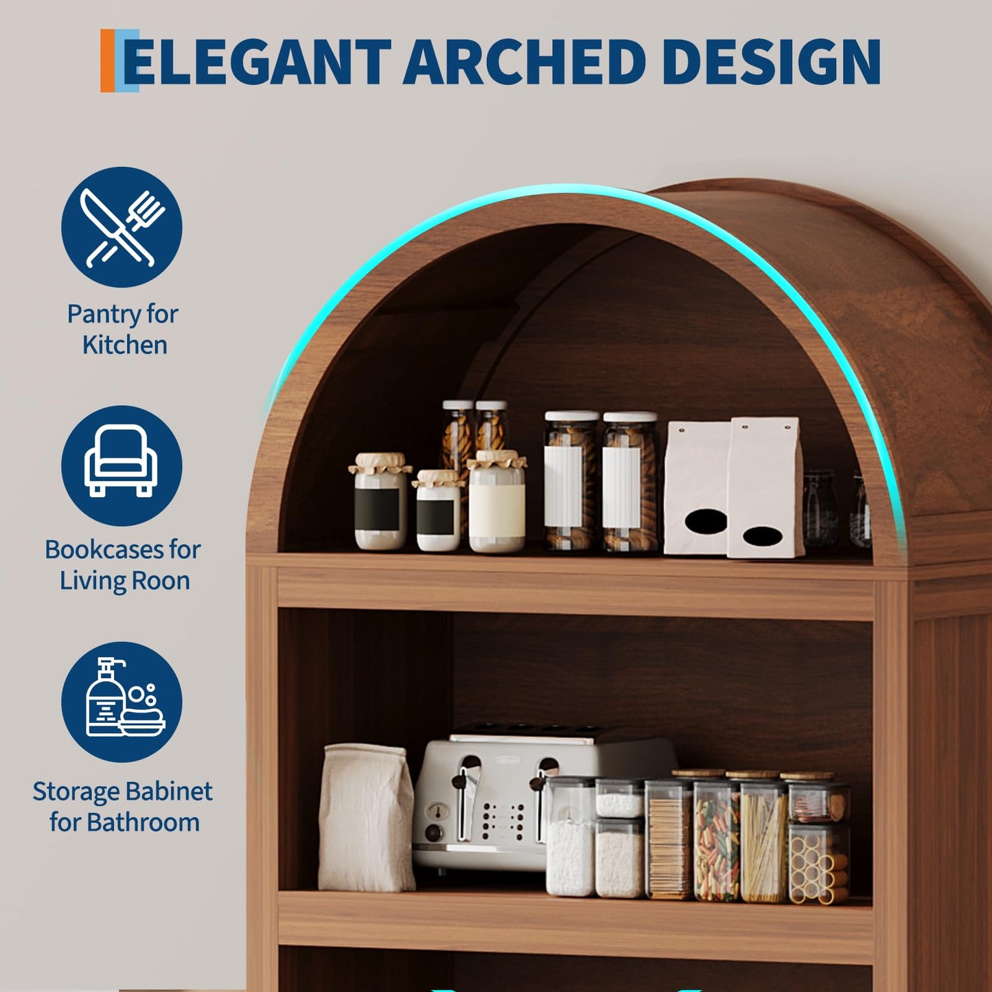 IDEALHOUSE 71" Tall Bookshelf Arched Cabinet with Storage, Mid-Century Bookcase Modern Wooden Kitchen Pantry Display Storage Cabinet with Open Adjustable Shelves for Living Room Home Office