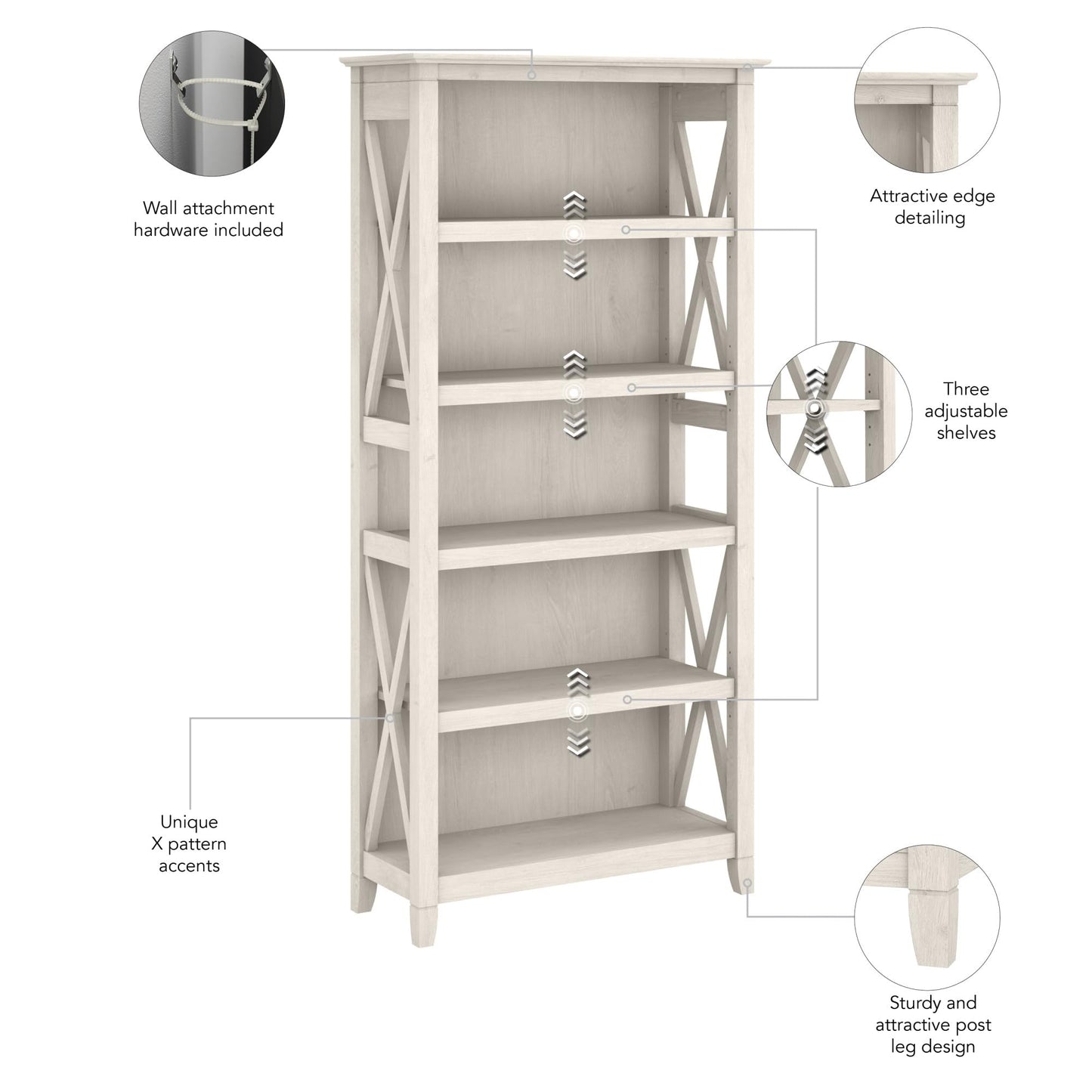 Bush Home Tall 5 Shelf Bookcase for Living Room or Home Office, Large Bookshelf, Modern Farmhouse Style, Key West Collection, Linen White Oak