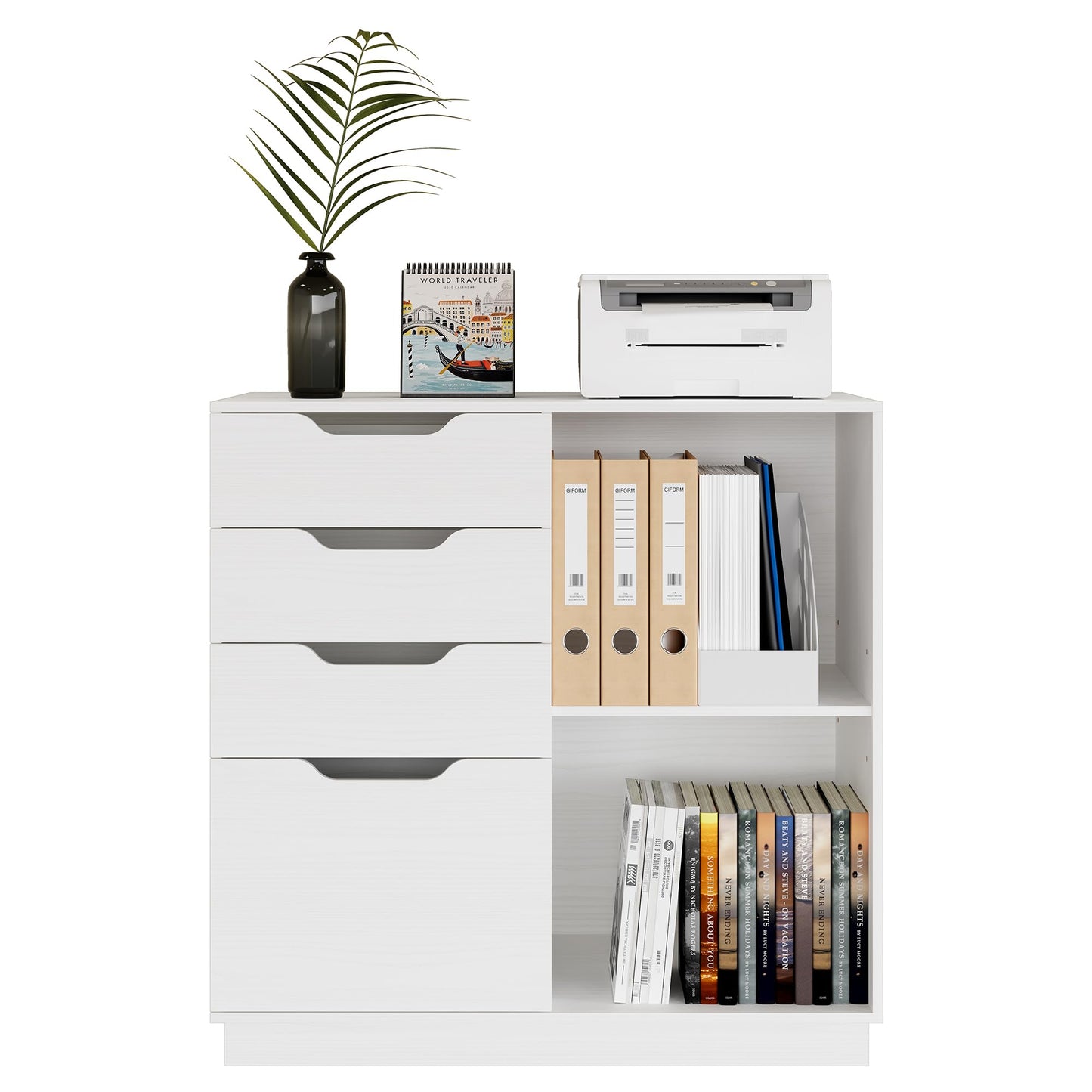 TQVAI 4 Drawer Filing Cabinet Organizer with 2 Open Shelves, Heavy Duty for Storing Letter A4 Size and Printer, Wood Lateral File Cabinets for Home Office, Hanging Files, White, Easy Assembly