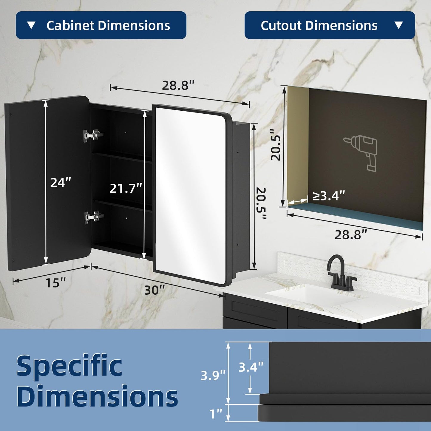 YTSMIR Bathroom Medicine Cabinet with Mirror 24 x 30 Inch, Black Medicine Cabinet Recessed or Surface Wall-Mounted, Mirrored Cabinets with Sturdy Metal Adjustable Shelves for Bathroom Vanity