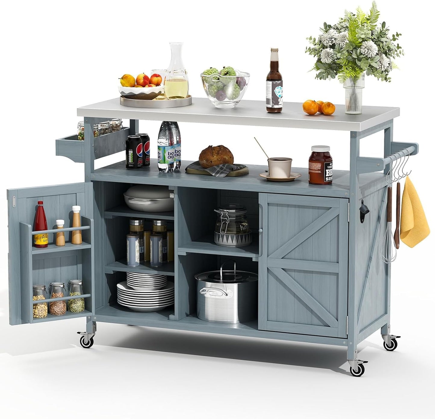 Zevemomo Outdoor Grill Cart with Storage, Stainless Steel Tabletop Outdoor Kitchen Island, Fir Wood Outdoor Buffet Cabinet with Lockable Wheels for Grilling, Gray-Blue