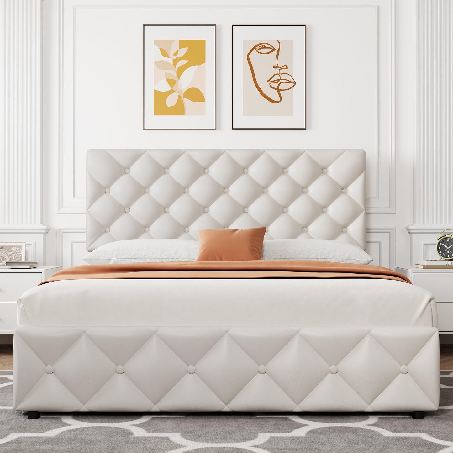 Garvee Queen Size Platform Bed Frame, Faux Leather Upholstered Bed Frame with Adjustable Headboard & 4 Drawers, Modern Bed Frame, Wooden Slats Supports, No Box Spring Needed, White