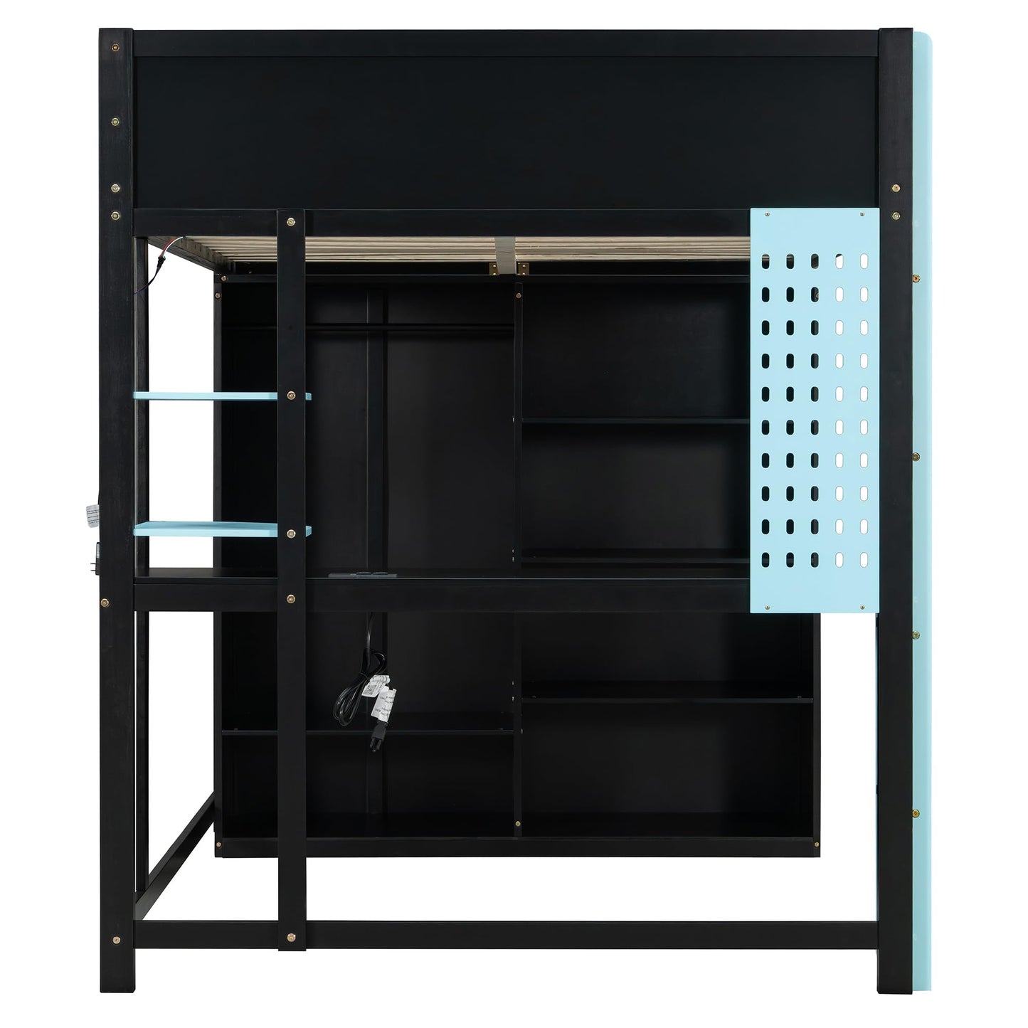 Merax Full Size Loft Bed with Desk and Open Wardrobe, Wooden Gaming Loft Bed Frmae with Light and Charging Station, Space-Saving Bed with Safety Guardrail, No Box Spring Needed, Blue