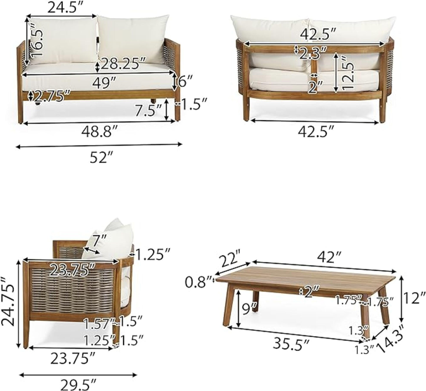 Merax 4-Piece Outdoor Acacia Wood Wicker Conversation Set with Loveseat,Club Chairs and Coffetable for Backyard Garden