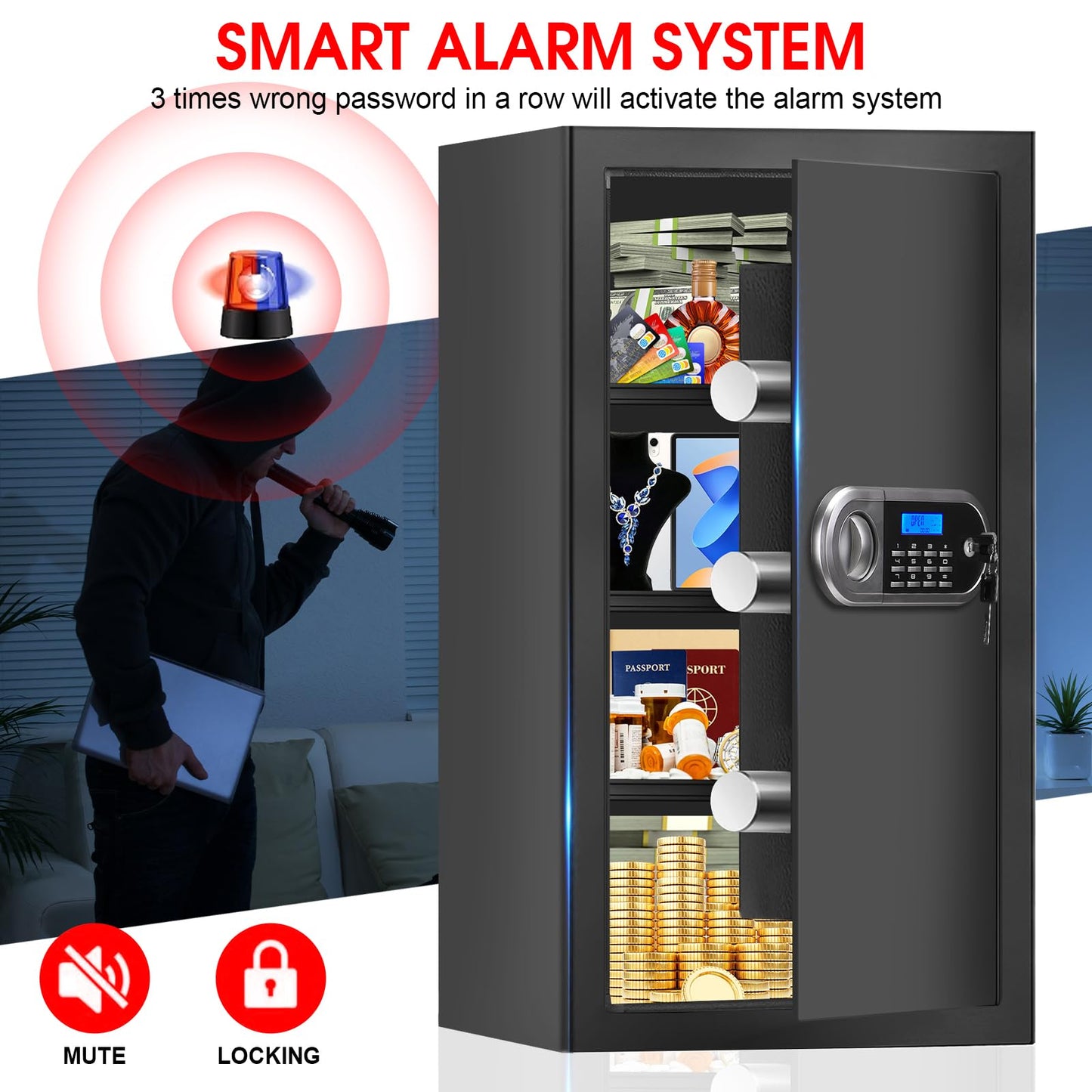 6.0 Cuft Large Fire Proof Safe for Home Documents, Safe Box Fireproof Waterproof with Electronic Keypad, Spare Keys and Alert System, Digital Home Safes Water and Fireproof for Office Money Valuables