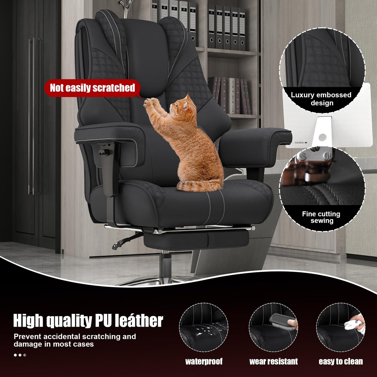 400lbs Big and Tall Office Chair, Wide Ergonomic Leather Executive Chair for Heavy People with Foot Rest, High-Back Reclining Computer Chair with Swivel Wheels and Lumbar Support (Black)