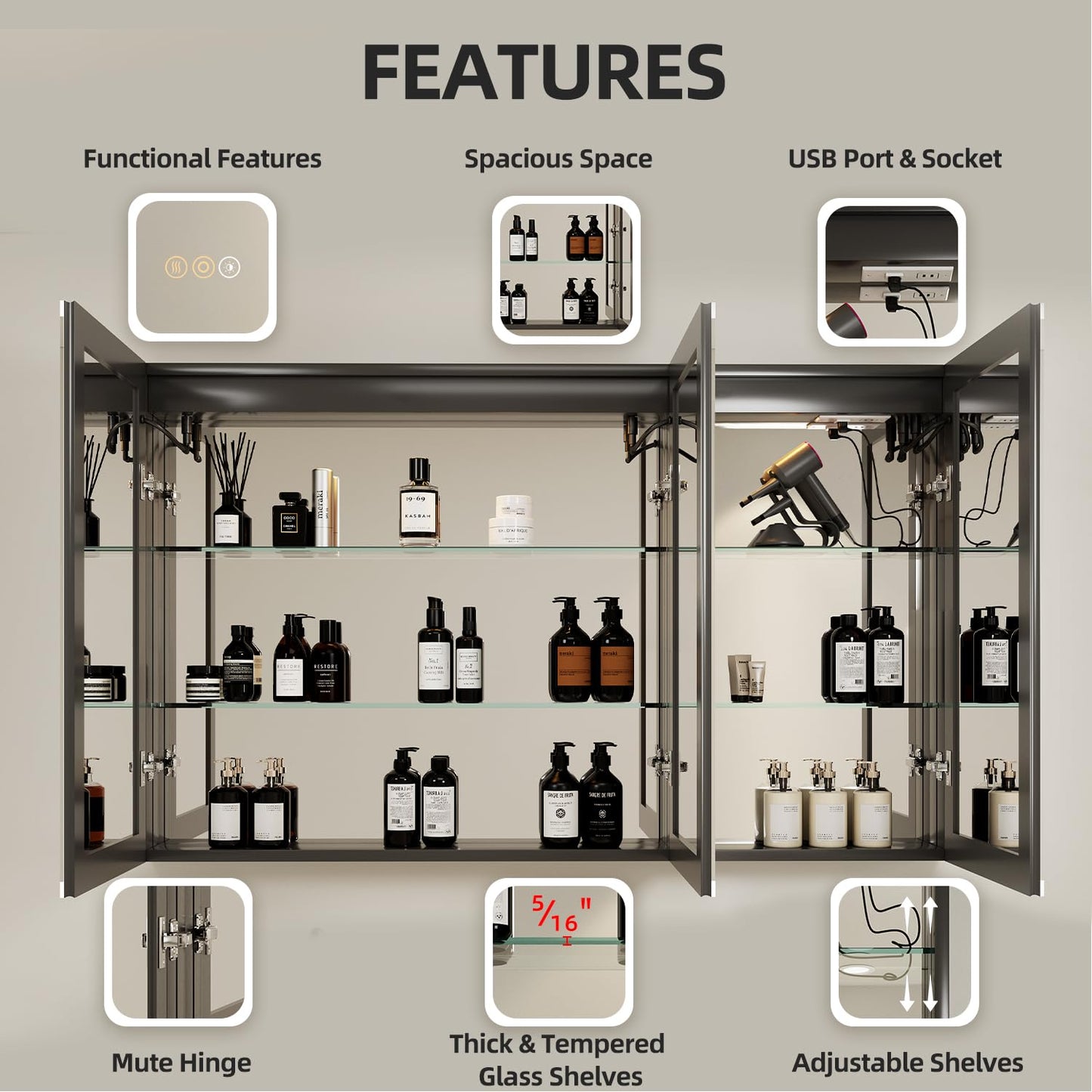 Buruis 60 x 32 Inch Medicine Cabinet with LED Lights and Mirror, Recessed/Wall Mounted Bathroom Cabinet, 3-Color Light, Defogger, Memory Function, Outlet & USB, Dimmer, Black