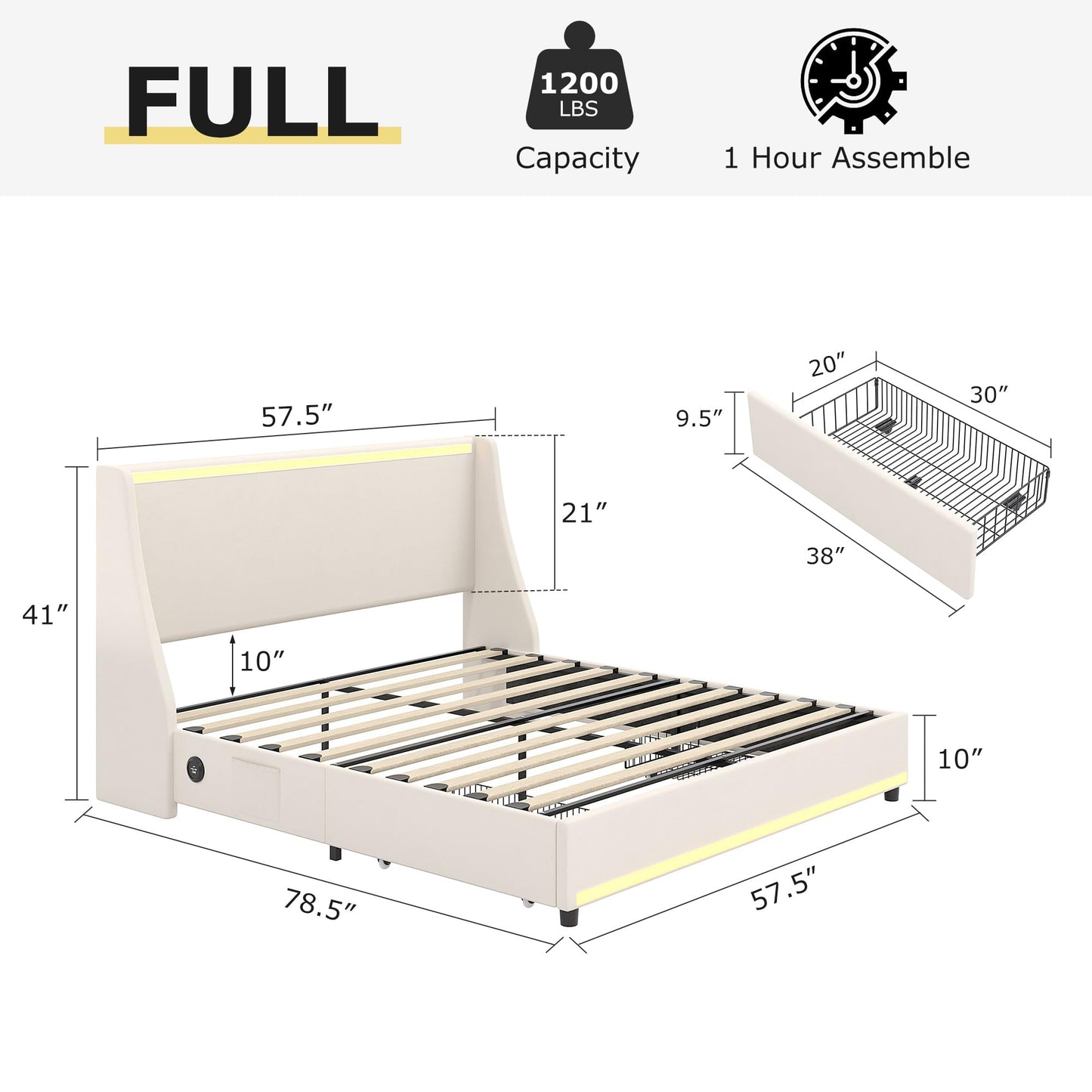VECELO Full Size Bed Frame with Storage Drawers, Upholstered Platform Bedframe with Wingback Headboard, No Box Spring Needed, Beige