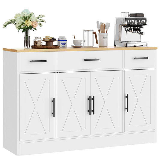 Shintenchi Buffet Cabinet with Storage,53.4" Large Kitchen Storage Cabinet with 3 Drawers and 4 Doors,Wood Farmhouse Buffet Sideboard with Adjustable Shelf for Kitchen Living Room, White