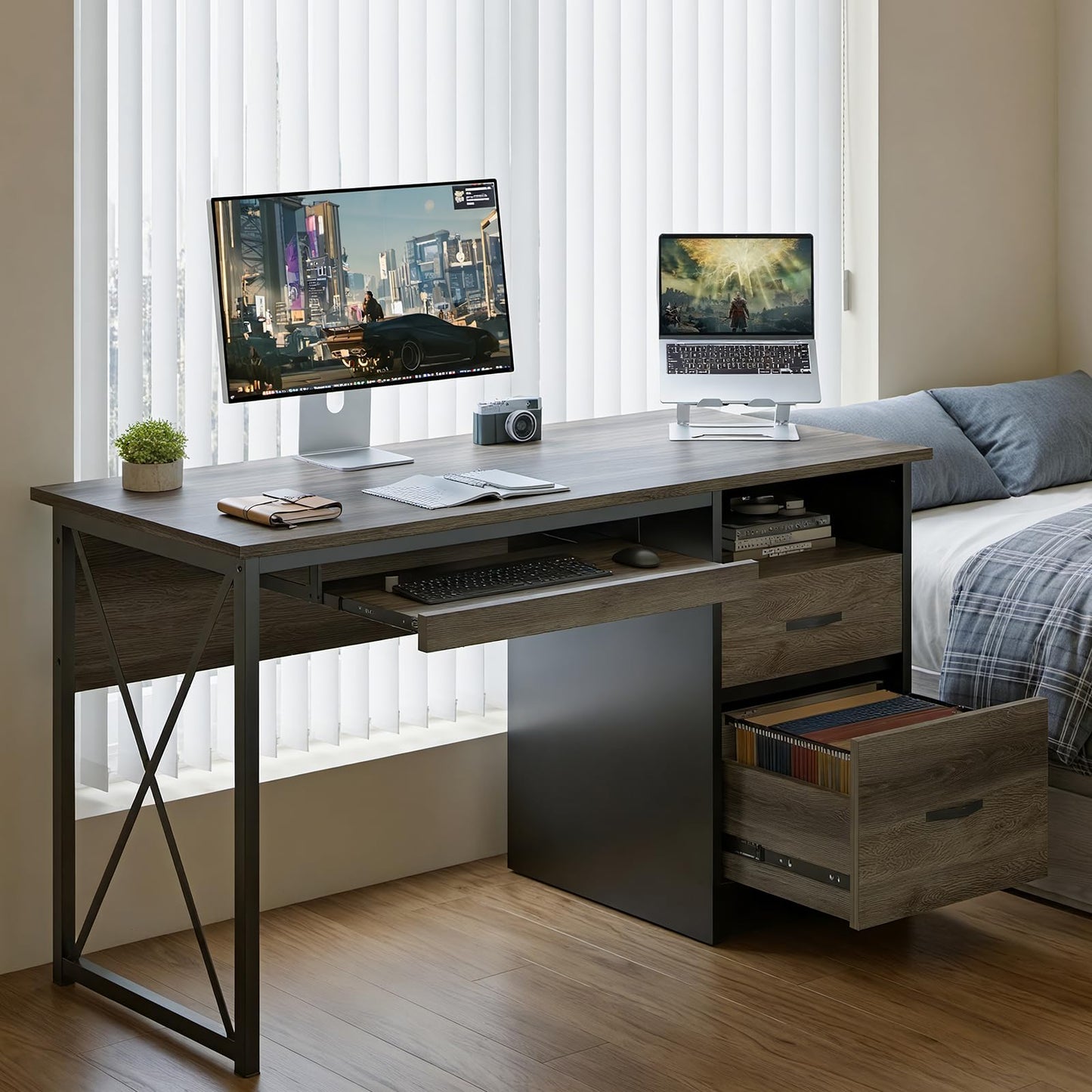 Bestier Office Desk with Drawers, 55 inch Industrial Computer Desk with Storage, Wood Teacher Desk with Keyboard Tray & File Drawer for Home Office, Dark Gray Oak