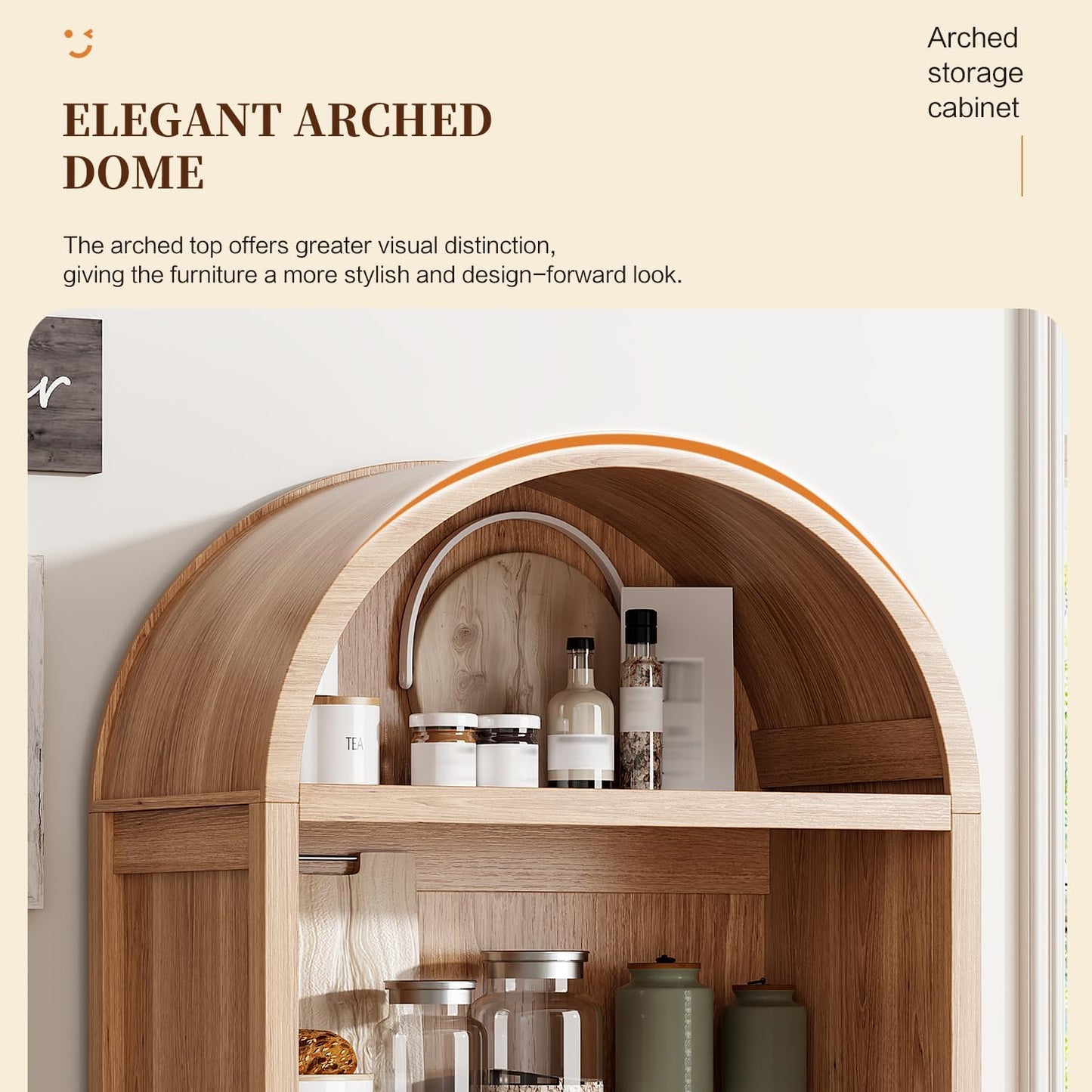 Ieejdn 71" Tall Arched Kitchen Pantry,Modern Fluted Wood Storage Cabinet with Doors,Adjustable Shelves,Organizer, Versatile Cupboard for Kitchen,Living Room,Dining Room,Bathroom,Wood