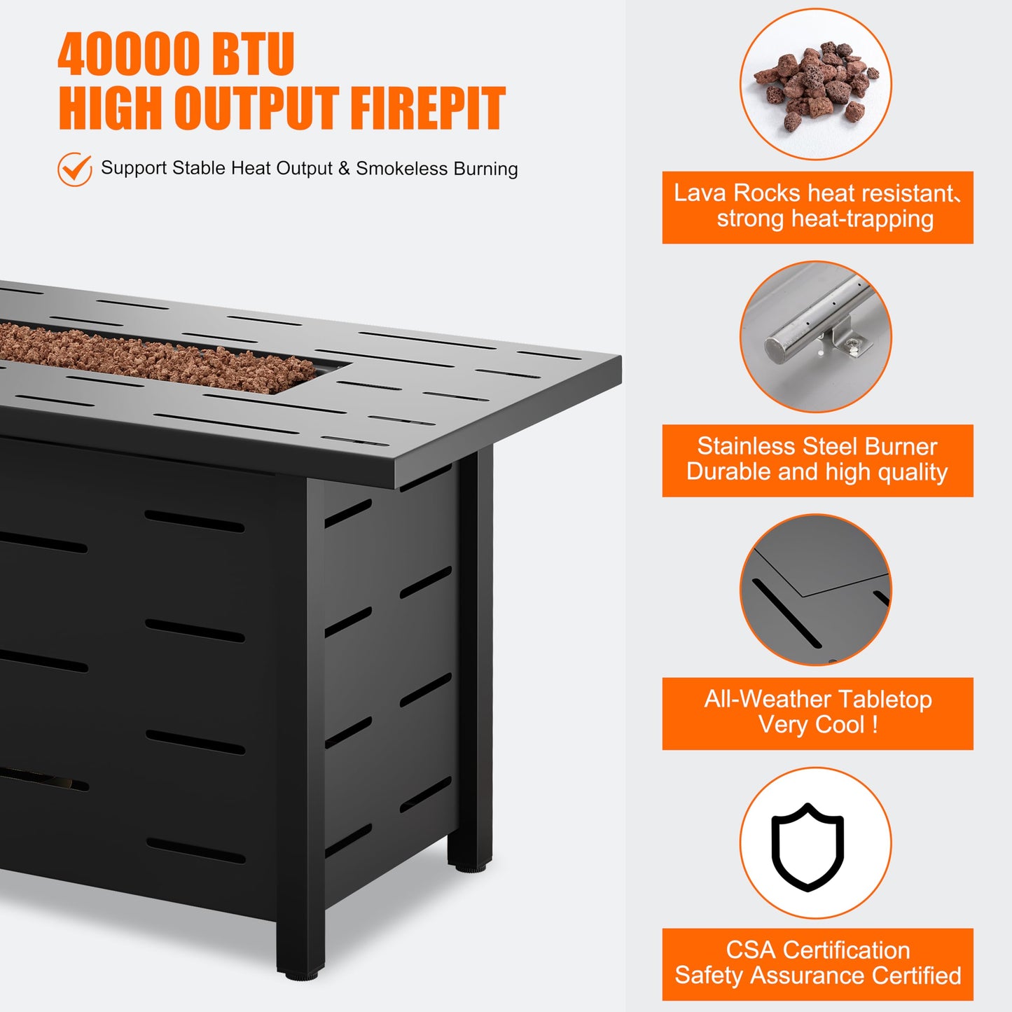 Shintenchi 42" Outdoor Propane Fire Pit 50,000 BTU Gas Fire Pit Table with Lid, Waterproof Cover, Rectangle Gas Firepit Table for Garden/Patio, CSA Certification, Black