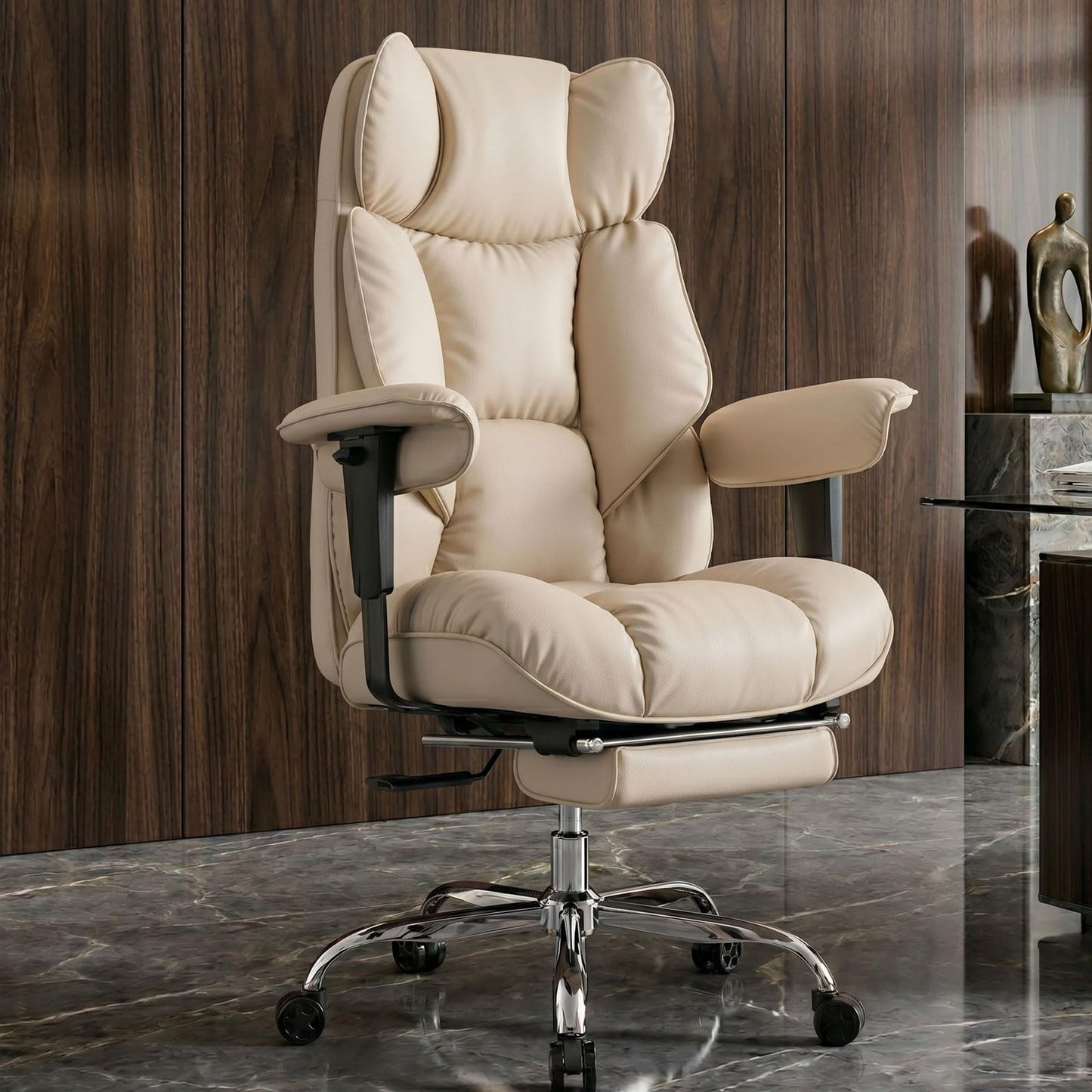 Efomao Big and Tall Office Chair 400lbs - Heavy Duty Reclining Desk Chair with Footrest, Spacious High Back PU Leather Executive Chair, Double-Layer Spring Support, Dark Beige