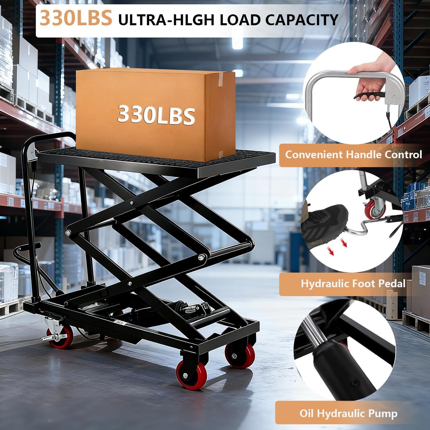 330 lbs Capacity Hydraulic Lift Table Cart,Manual Double Scissor Lift with 50" Maximum Lifting Height, Locking Swivel Casters, Non-Slip Platform, Ideal for Material Handling in Warehouse, Garage, or S