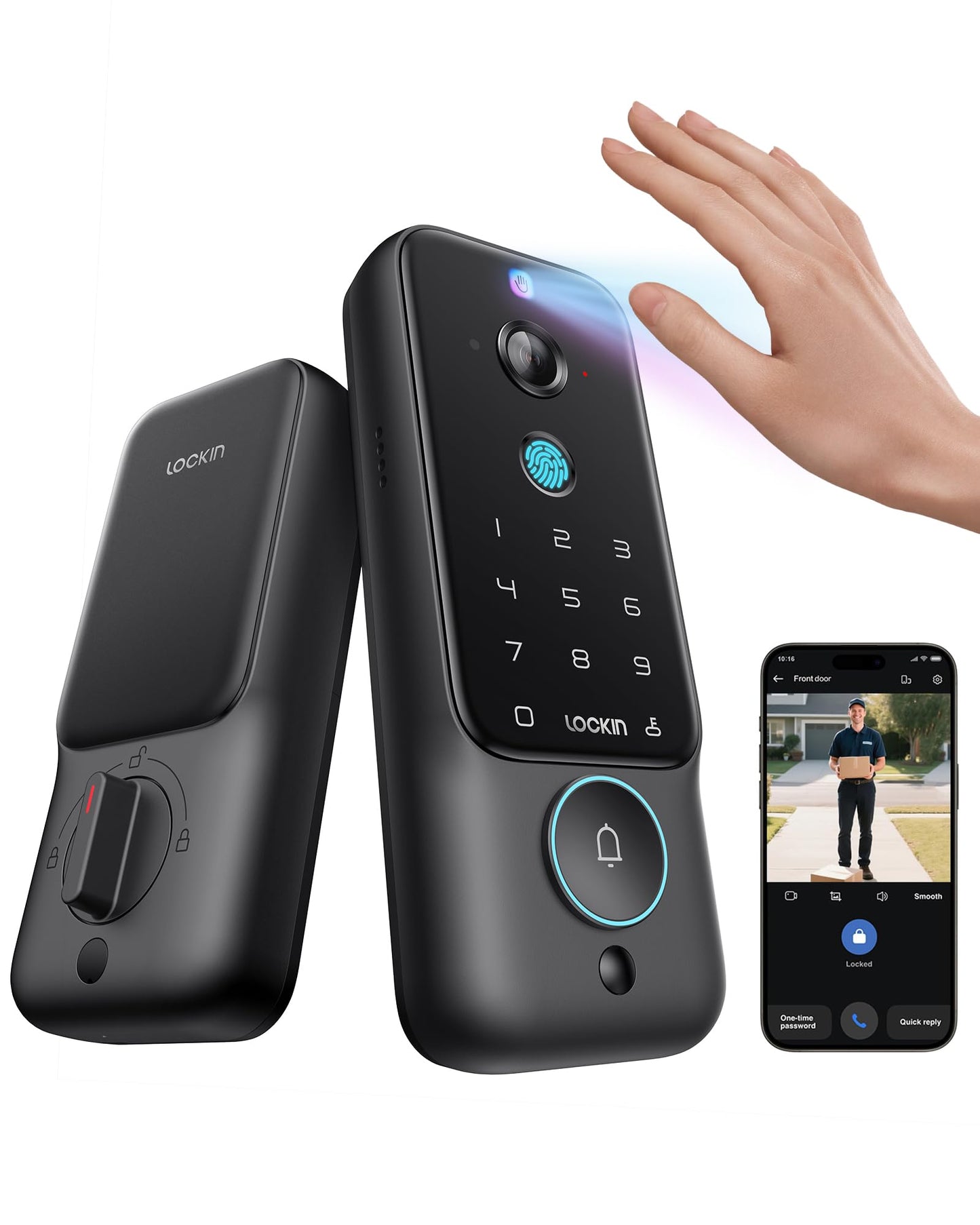 Lockin Venoris Plus - All-in-One Smart Lock for Front Door - Palm Vein & Fingerprint Keyless Entry - 2K 180° Ultra-Wide Camera, Night Vision, Built-in WiFi & 8GB Storage - No Monthly Fee