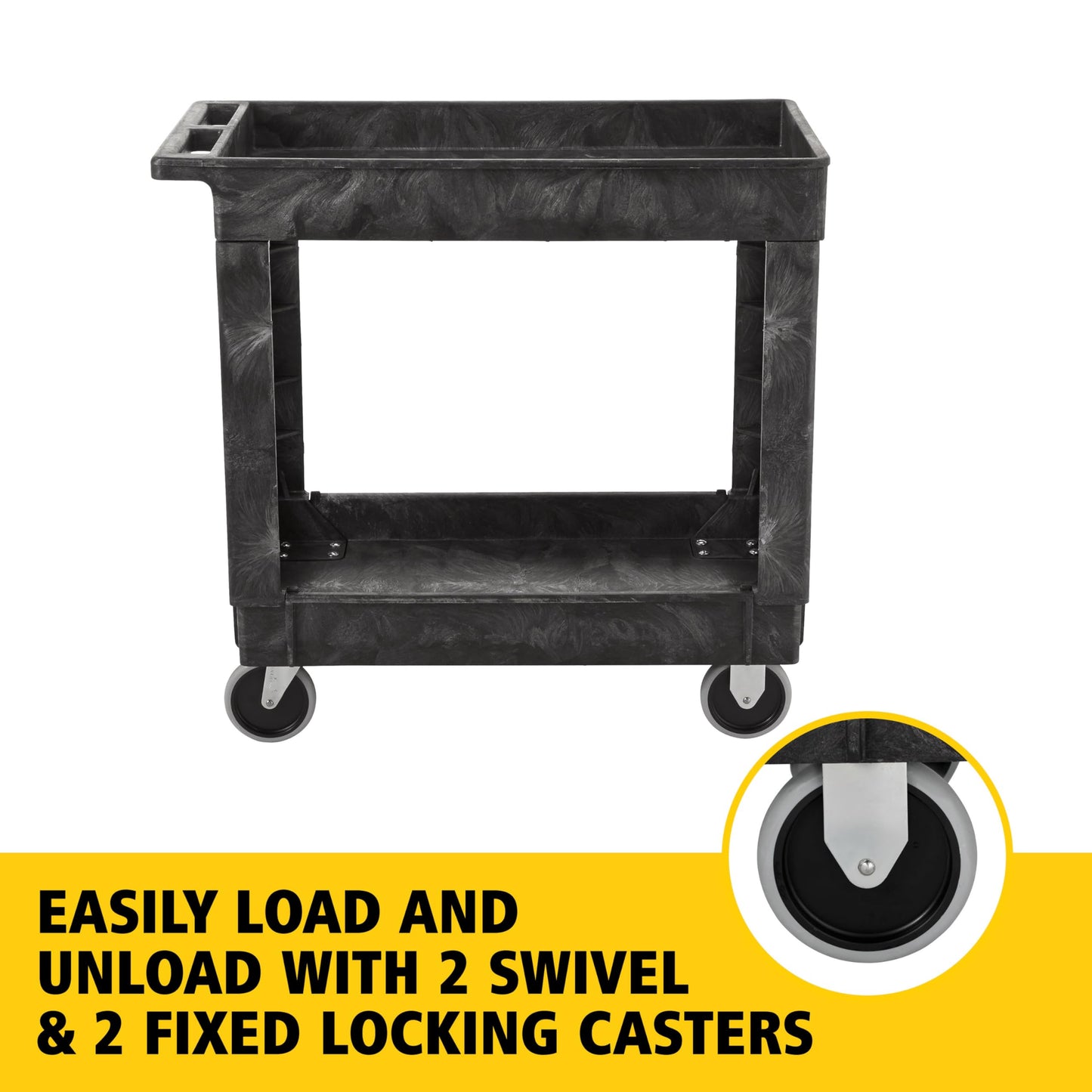 Rubbermaid Commercial Products 2-Shelf Utility/Service Cart, Medium, Black, Lipped Shelves, Ergonomic Handle, 500 lbs. Capacity, for Warehouse/Garage/Cleaning/Manufacturing
