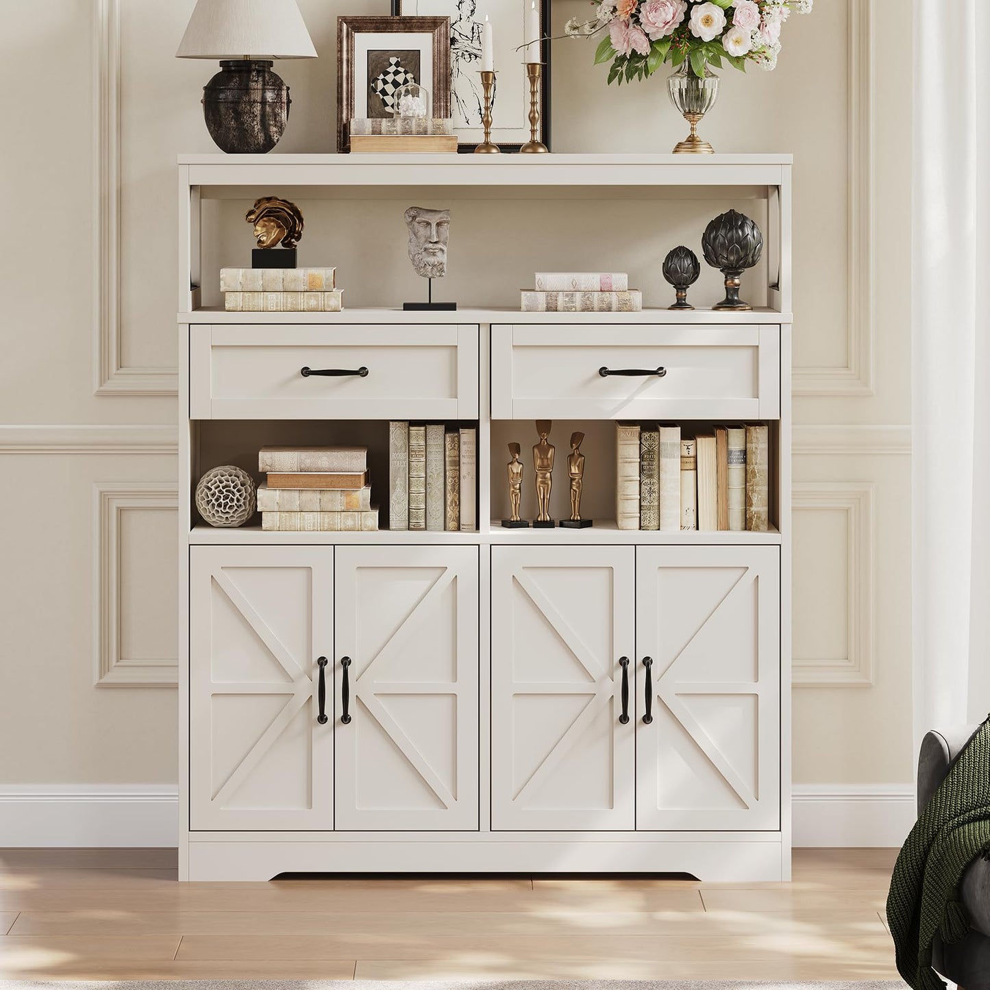 kepptory Farmhouse Kitchen Coffee Bar Cabinet with 4 Barn Doors, Kitchen Sideboard Buffet Cabinet with Drawers, 47" Pantry with Adjustable Shelves for Kitchen and Dining Room(White)