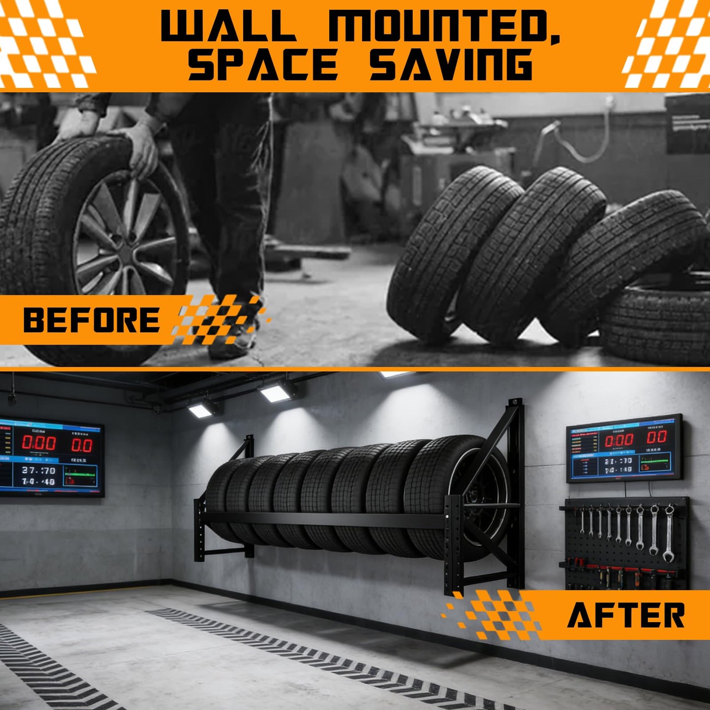 NULTRUMA Wall Mounted Heavy-Duty Tire Rack, 79"x31.5"x22.8" Large Capacity Tire Storage Shelf, 600lbs Max Load, Spare Tire Rack Powder Coated Steel for Garage, Workshop & Auto Repair Shop