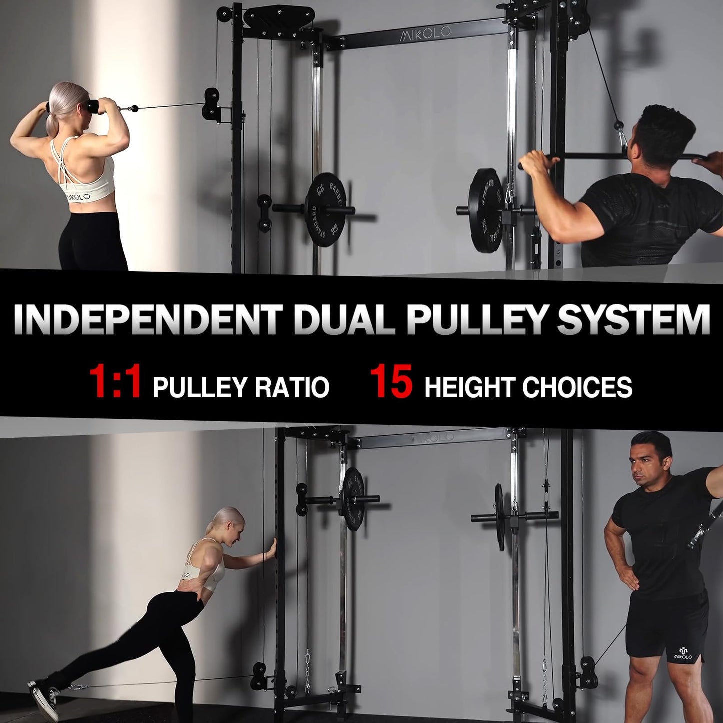 Mikolo Folding Squat Rack, Wall Mounted Power Rack with Cable Crossover Machine & LAT Pull Down, Functional Trainer with 5 Adjustable Function Modes, for Home Gym and Space Saving(Black)