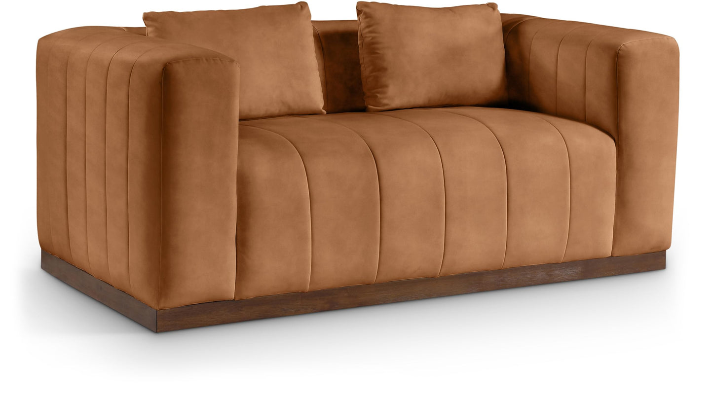 Meridian Furniture 44098Cognac-L Mallina Collection Modern | Contemporary Loveseat with Soft Cognac Vegan Leather, Walnut Finish Solid Wood Base, Deep Channel Tufting, 67" W x 36" D x 28.5" H, Cognac