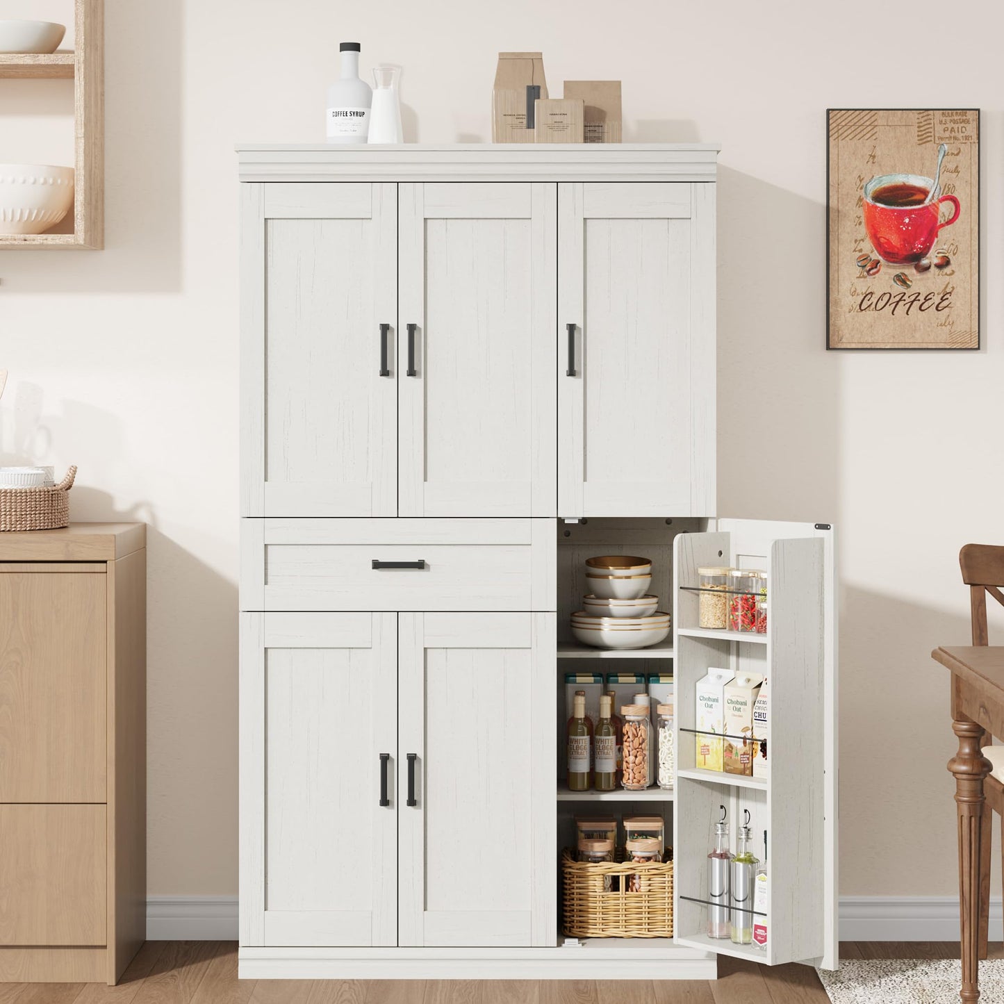 Garvee 70" Tall Kitchen Pantry Storage Cabinet, Modern Kitchen Hutch Cabinet with Doors and Shelves, Freestanding Food Pantry with Large Storage Drawer for Dining Room and Household Organization