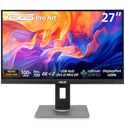 ASUS ProArt 27" WQHD Monitor, IPS Display, 100% sRGB, Calman Verified, Ergonomic Stand | DisplayPort | HDMI | DVI-D Mini DP | USB Hub, Eye Care, Ergonomic Tilt Height Pivot Swivel Adjustable Stand