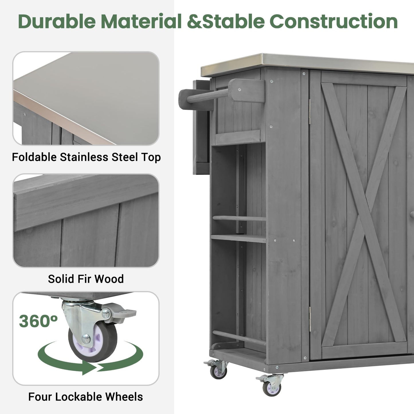 52.25" W Outdoor Grill Cart with Stainless Steel Tabletop, Patio Kitchen Island Storage Cabinet for BBQ, Bar