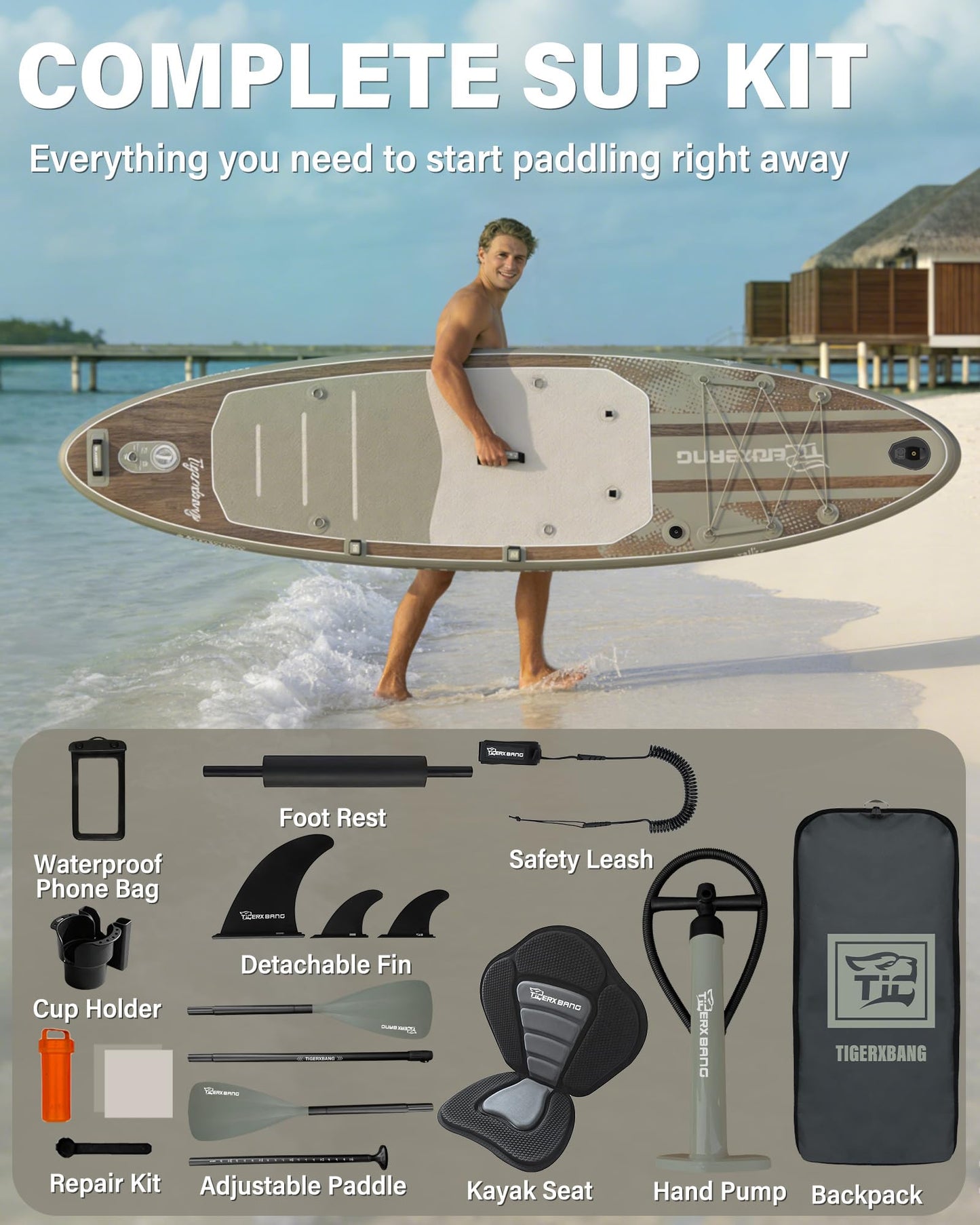 TIGERXBANG Inflatable Stand Up Paddle Board with SUP Board Accessories, Anti-Slip EVA Deck, 11' Paddleboard for Adults & Youth - All Skill Levels, Green