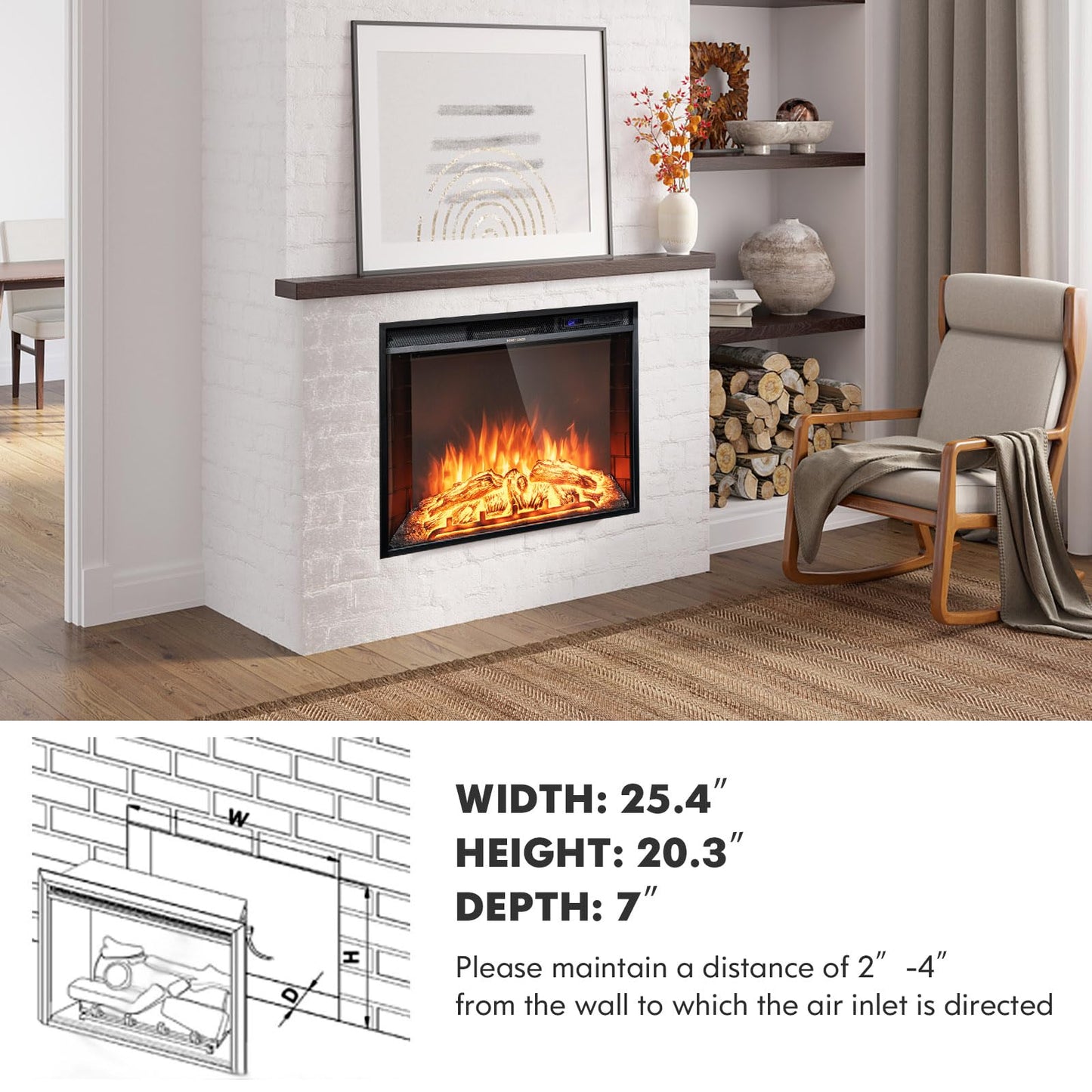 Tangkula Recessed Electric Fireplace, 26 Inch Fireplace with Adjustable Flame Brightness, LED Screen & Remote Control with Timer, Overheating Protection, 750W/1500W Fireplace Heater
