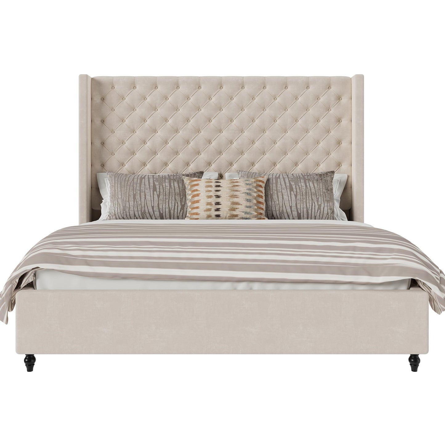 Jocisland King Size Bed Frame with 65" Tall Headboard, Upholstered Wingback Platform Design, Handcrafted Pleats & Deep Button Tufted, Solid Wood Legs, No Box Spring Needed, Cream