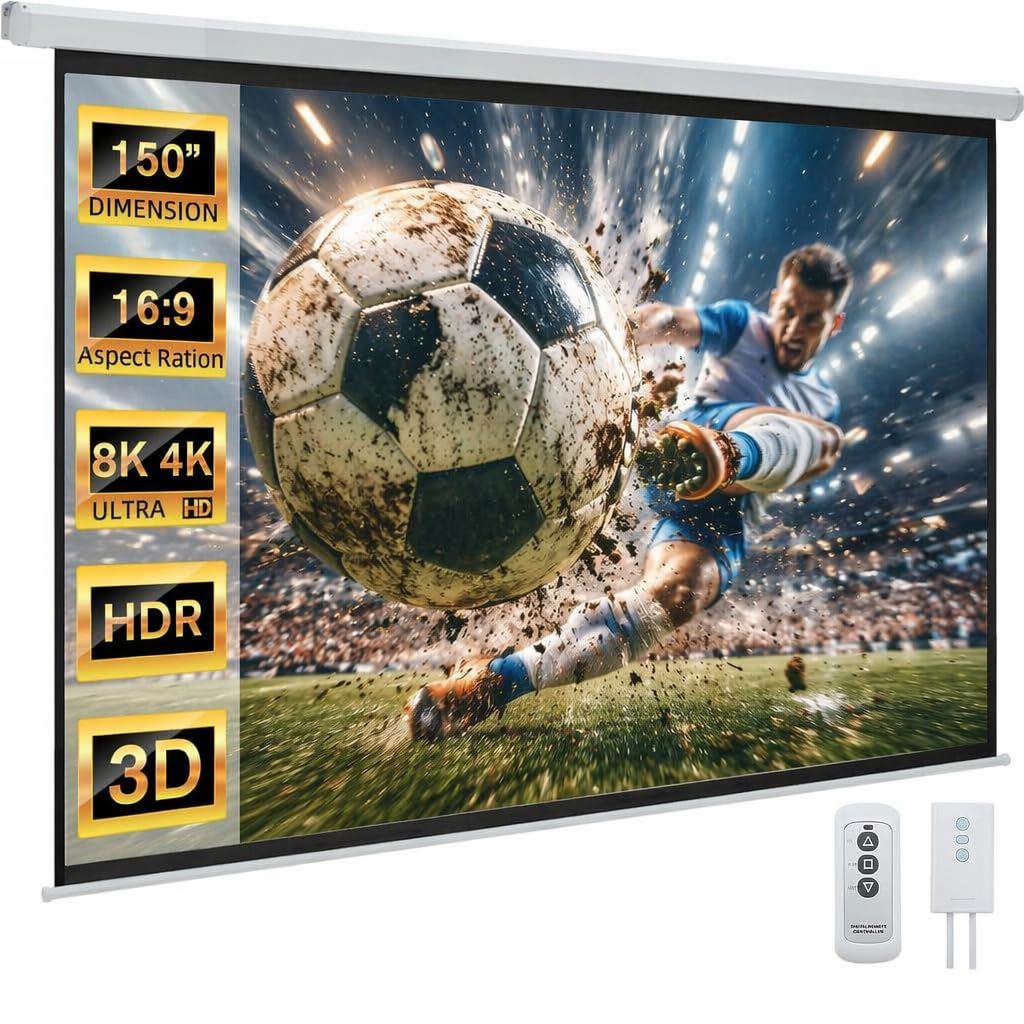 YODOLLA 150" Projector Screen Motorized 16:9, 4K HD Pull Down Retractable Projection Screens Electric Automatic Wall Ceiling Movie Screen for Office Classroom Indoor with Remotes