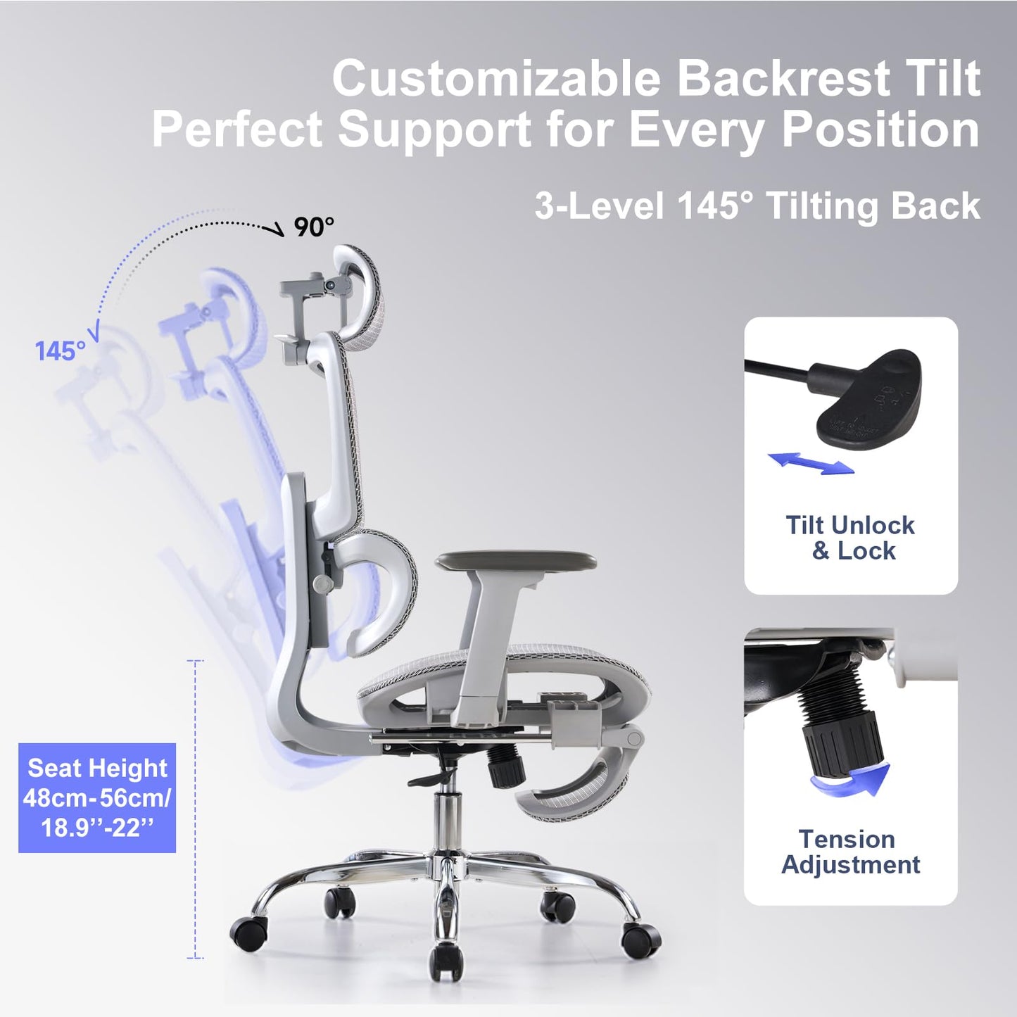 LarkLeaves Office Chair with Footrest, Ergonomic Chair with 3D Headrest, Computer Chair with Adjustable Backrest & 3D Armrest, Gaming Chair with Adaptive Lumbar Support, Mesh Backrest & Cushion, Grey