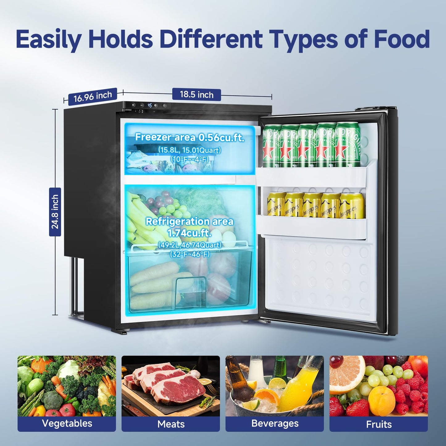 BODEGACOOLER 12-Volt Refrigerator, 65L(2.3cu.ft) RV Fridge Freezer with APP Control & Child Lock, Travel Compressor Cooler -4℉-46℉, 12/24V DC for Truck, RV, Camping