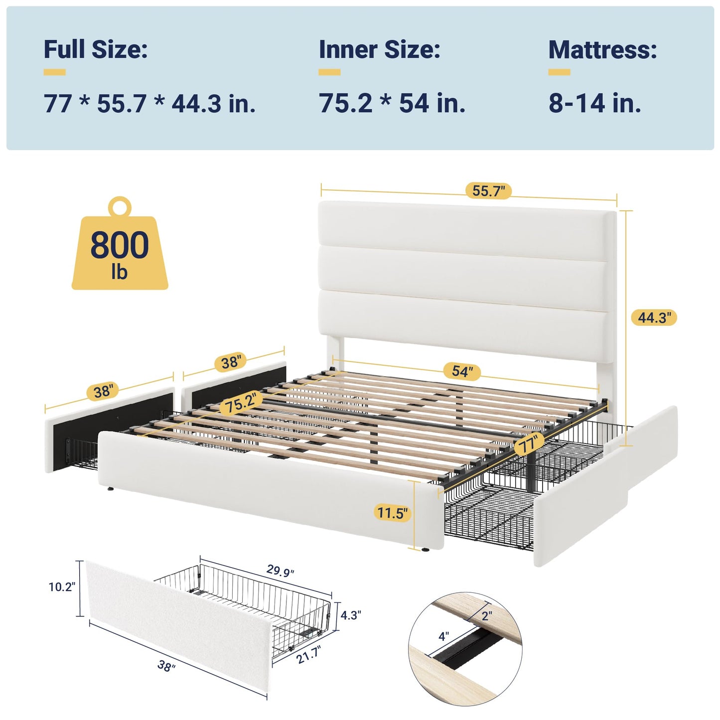 Allewie Modern Full Size Platform Bed Frame with 4 Storage Drawers and Velvet Upholstered Headboard, Wooden Slats Support, Upholstered Mattress Foundation/No Box Spring Needed/Easy Assembly, White