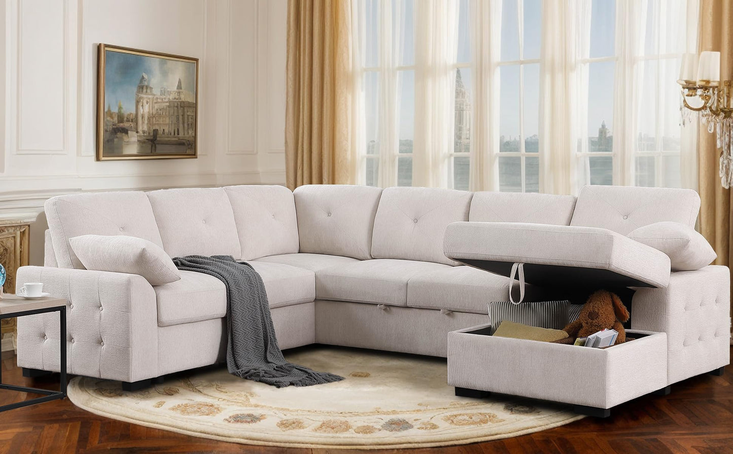 ERYE U-Shaped Pull Out Sleeper Couch Bed, Modern Chenille Upholstered Button Tufted Corner Couch Right Facing Sectional Sleeper Sofa Bed W/Storage Chaise and 2 Pillows