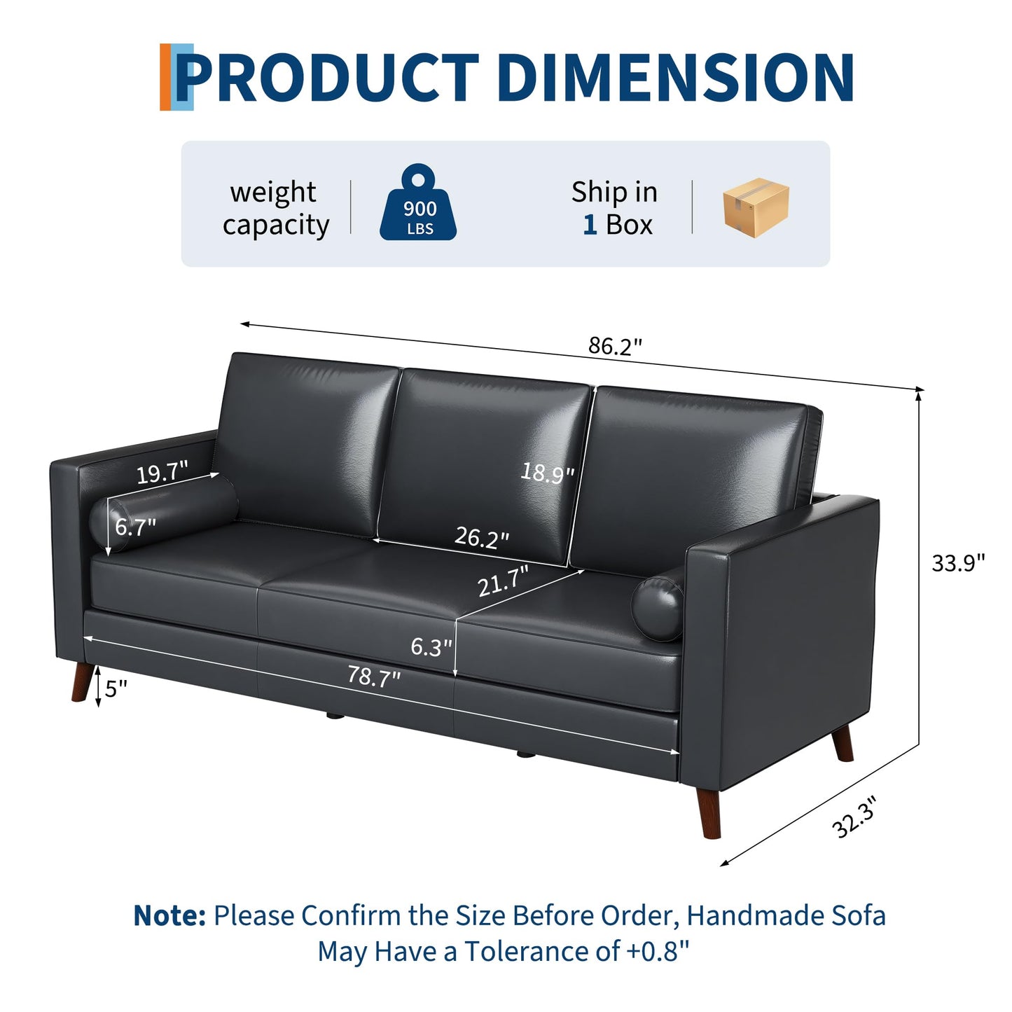 GAOMON 86" Leather Sofa, Mid-Century Modern Couch, Faux Leather Couch with Deep Seats, 3-Seat Sofa for Living Room, Office, Black