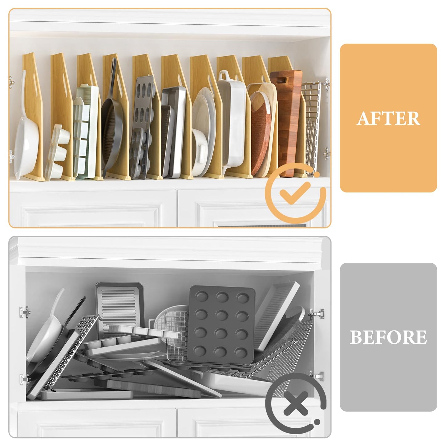 sandpaint 10 Pack Wood Tray Dividers for Cabinet, Cookie Sheet Organizer for Cabinets, No-Cut Kitchen Cabinet Dividers, Cookie Trays for Kitchen, Utility Rooms, Pantry Storage