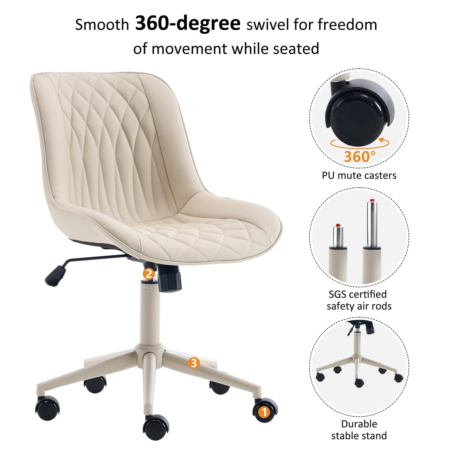 YOUNIKE Cream Faux Leather Ergonomic Office Chair Armless Comfy Desk Chair with Rocking Back Cute Swivel Vanity Chair with Wheels Height Adjustable Small Computer Task Chair for Sewing Drafting