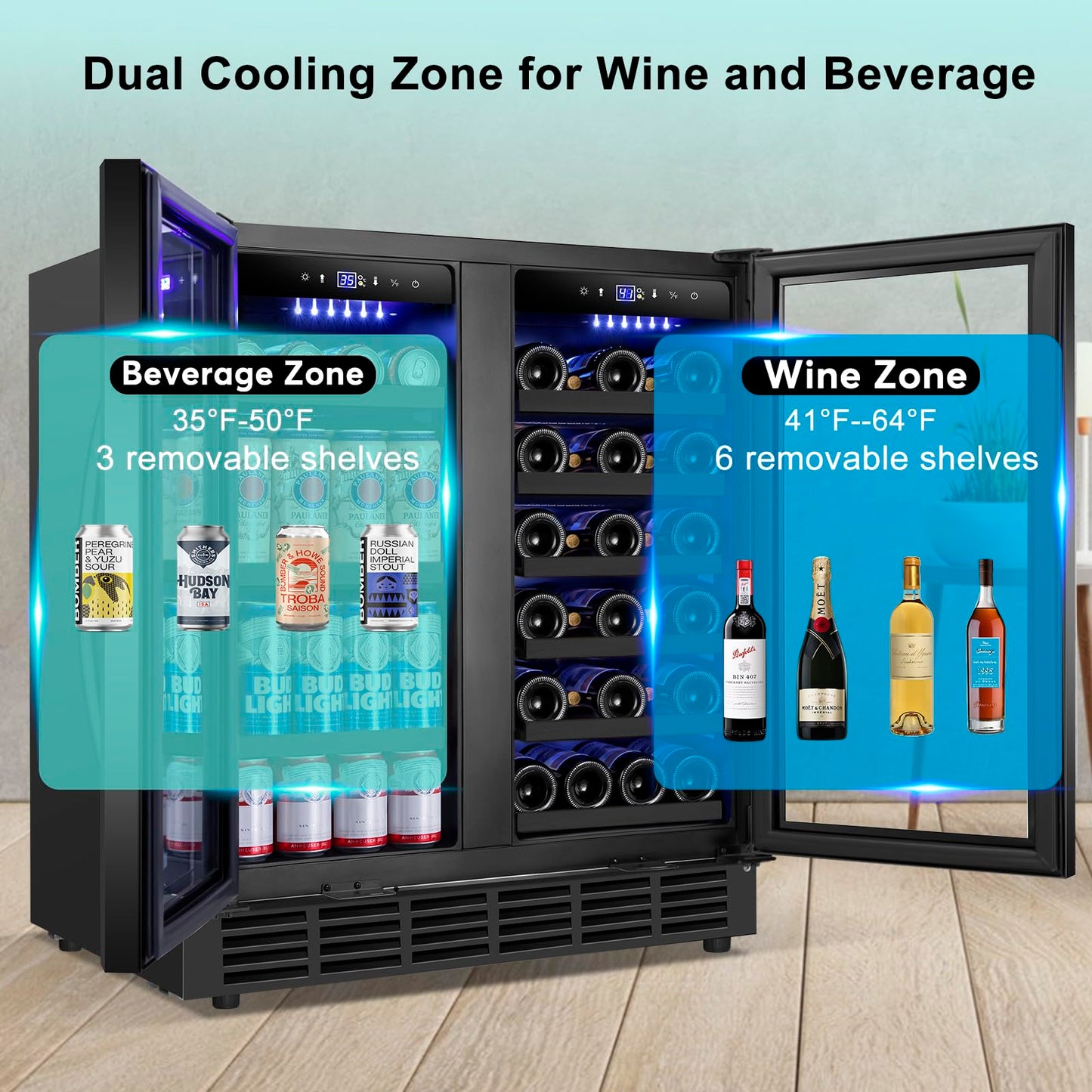 Velieta 30'' Wine and Beverage Refrigerator, Upgrade Dual Zone Wine Cooler, 30 Inch Wine beverage Fridge Built in or Freestanding Under Counter Large Capacity Glass Door Advanced Cooling System,Black