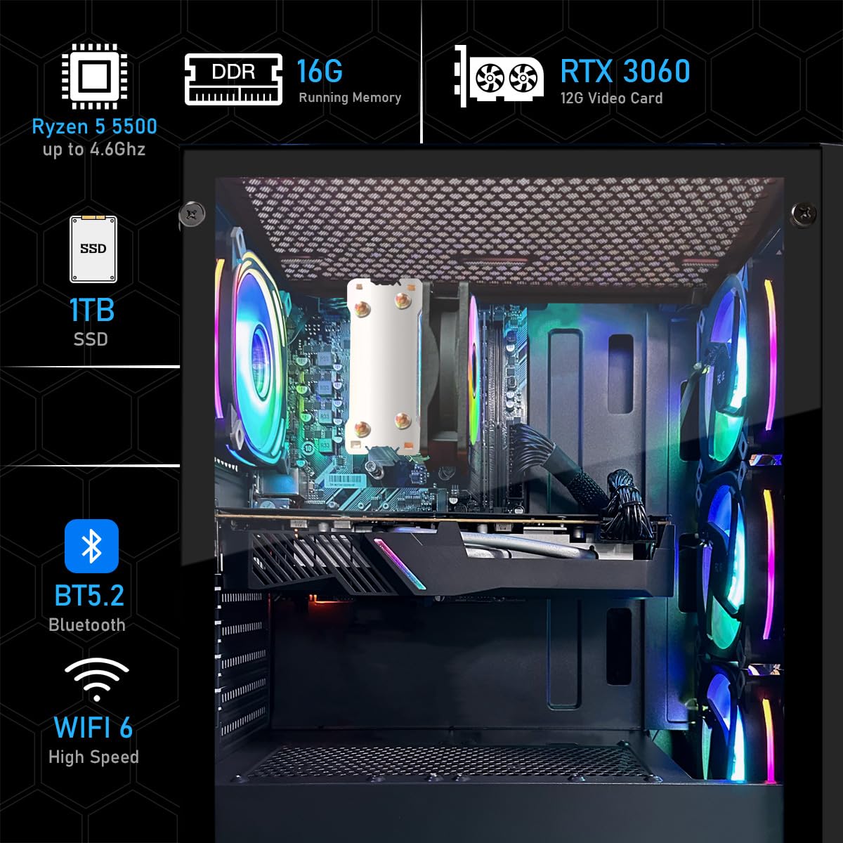 STGAubron Gaming PC Desktop Computer, AMD Ryzen 5 5500 up to 4.2G, GeForce RTX 3060 12G, 16G DDR4, 1T SSD, WiFi 6, BT 5.2, RGB Fan x4, Windows 11 Home